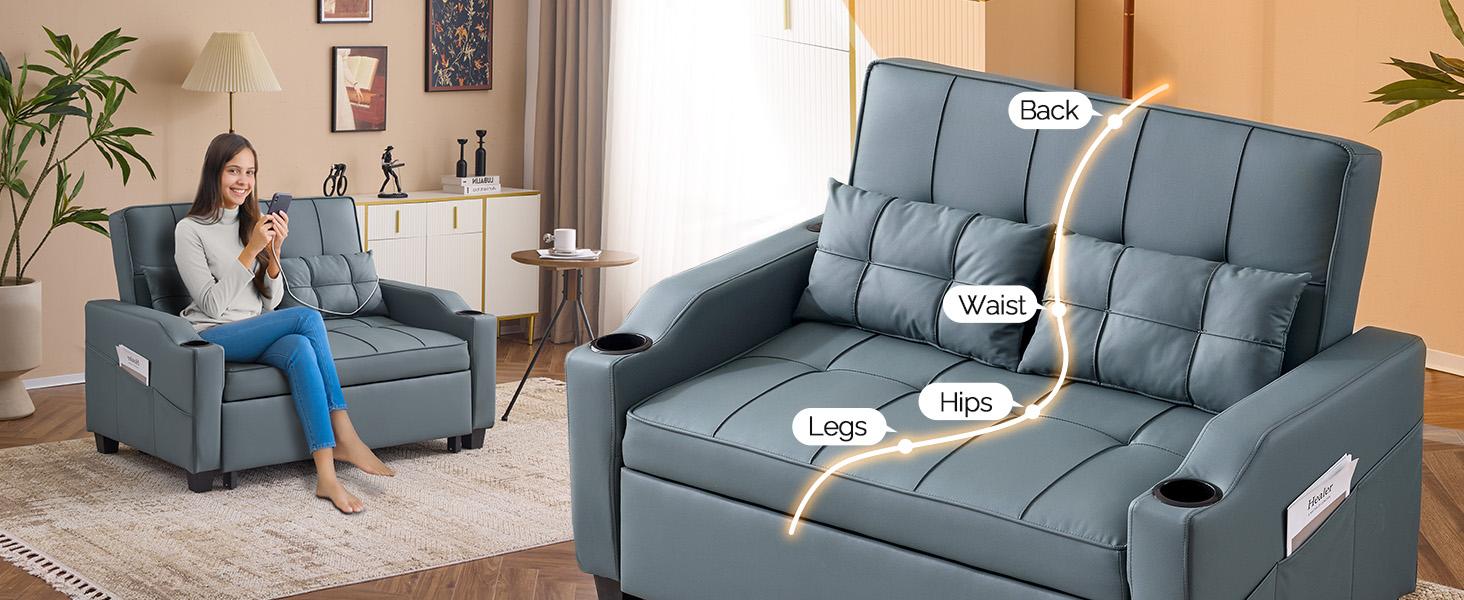 VINGLI Futon Sofa Bed Convertible Loveseat Sleeper Couch, Faux Leather Pullout Sofa Fold Out Couch Bed with USB Ports, Cup Holders, Armrest for Living Room, Bedroom Apartment Room