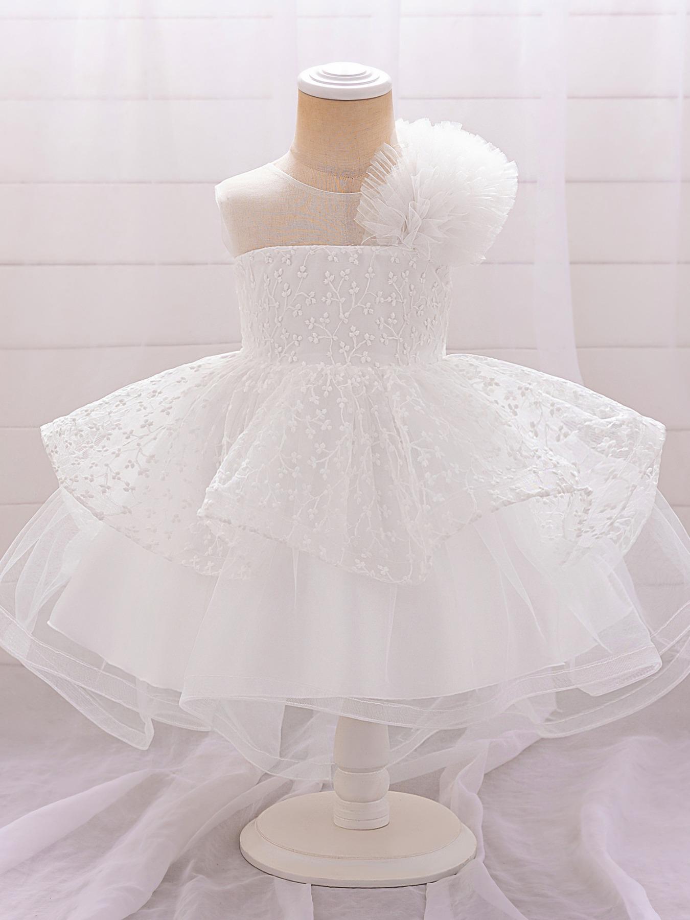 Baby Girl's Floral Print Mesh Ruffle Trim Dress, Elegant Cute Flower Decor Sleeveless Dress for Party Wedding Guest, Infant Toddler Kids Clothes for All Seasons