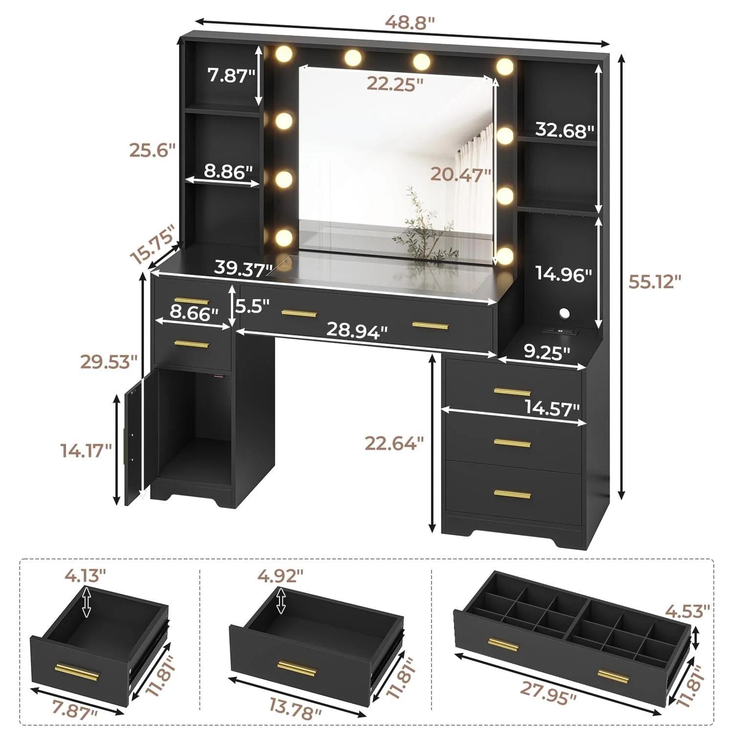 Sikaic 48.8" LED Lighted Makeup Vanity with Large Mirror & Charging Station Modern Black Dresser with 6 Drawers & Adjustable Shelves for Beauty Enthusiasts