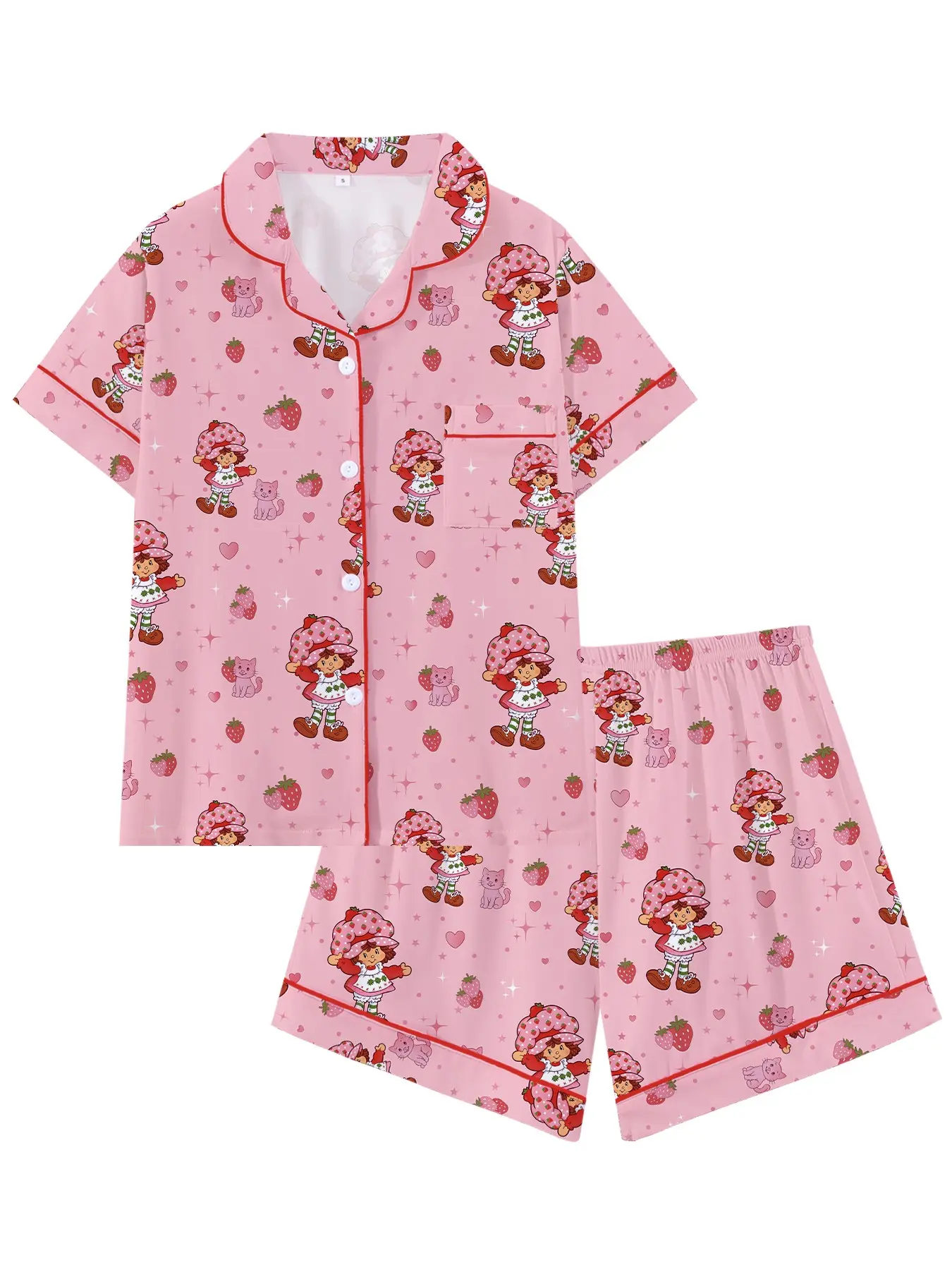 Women's Cute Strawberry Girl Cat Cartoon Print Pajama Set, Short Sleeve Open Front Two-Piece Lounge Wear, Party Gift Sleepwear Loungewear