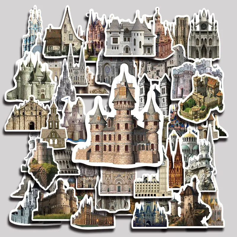50PCS Vintage Medieval Castle Architecture Aesthetic Vinyl Stickers Pack for Laptop Water Bottle Phone Case Skateboard Journal Scrapbook DIY Decoration