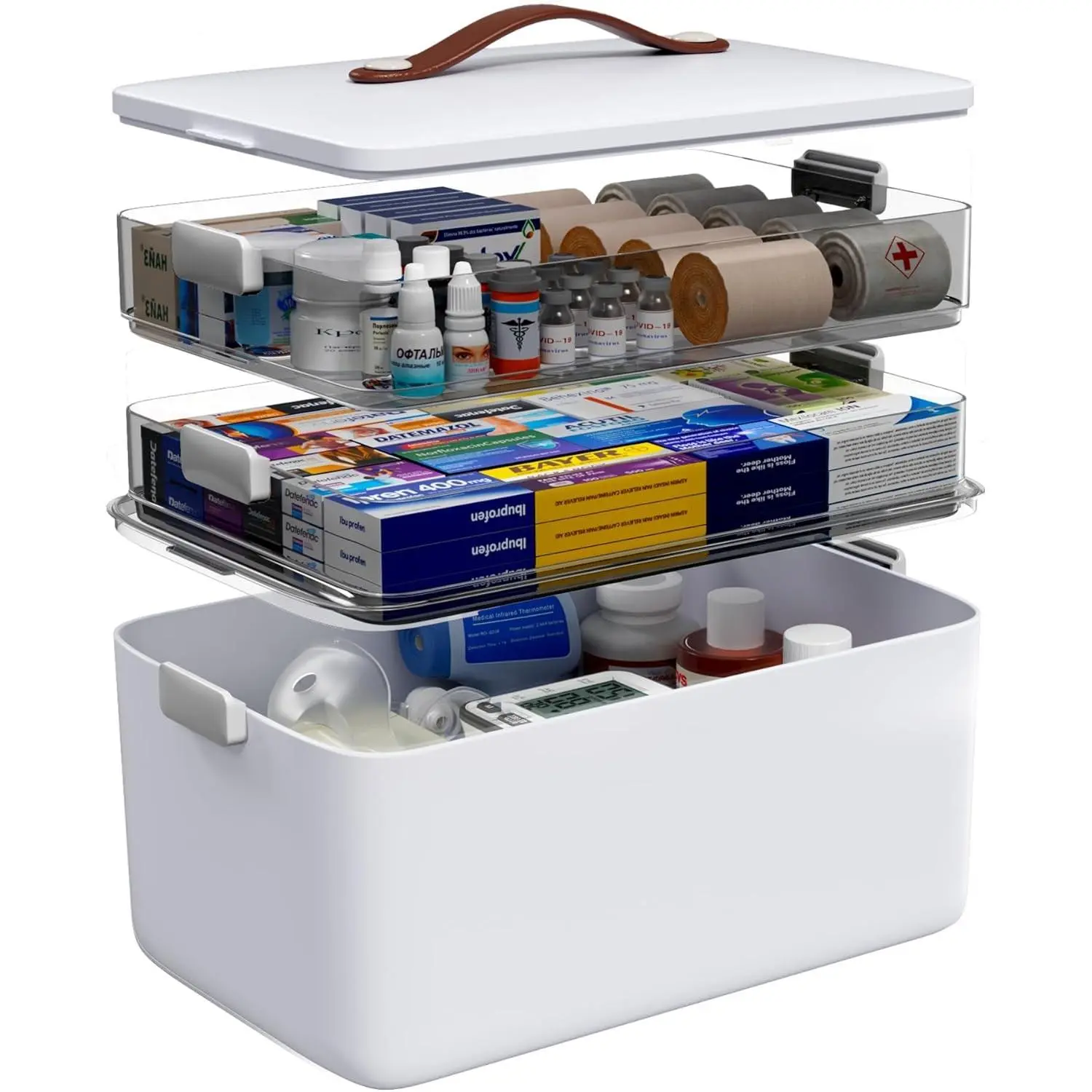 3-Tier Medicine Organizer Storage Box with Clear Trays & Carry Handle, Empty First Aid Kit Organizer for Pills, Medicine Bottles, Bandages, Home Cabinet Use