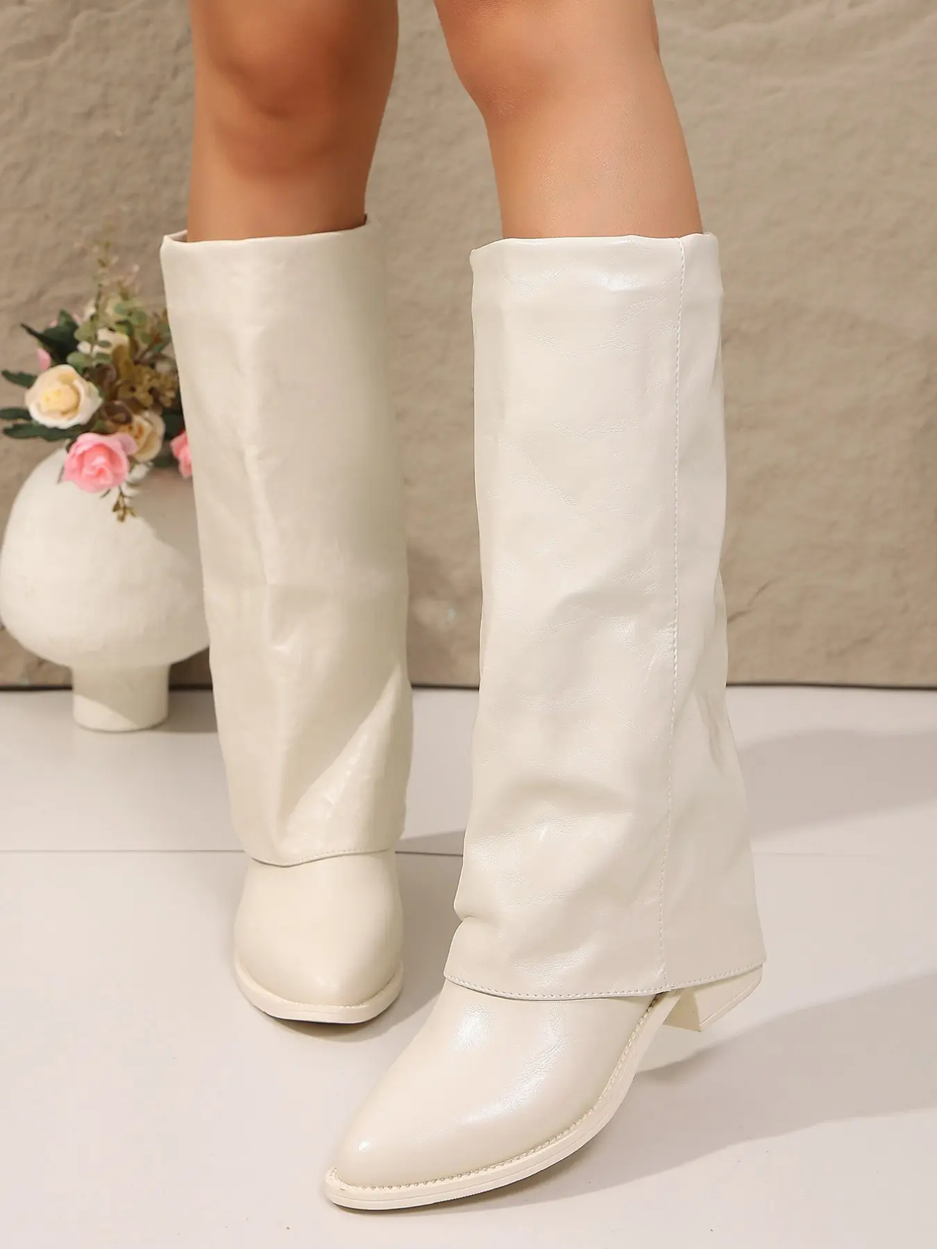 New Folded Boot Top High Tube Women's Shoes, Low Thick Heel Pointed Toe Loose Straight Over-The-Ankle Fashion Boots