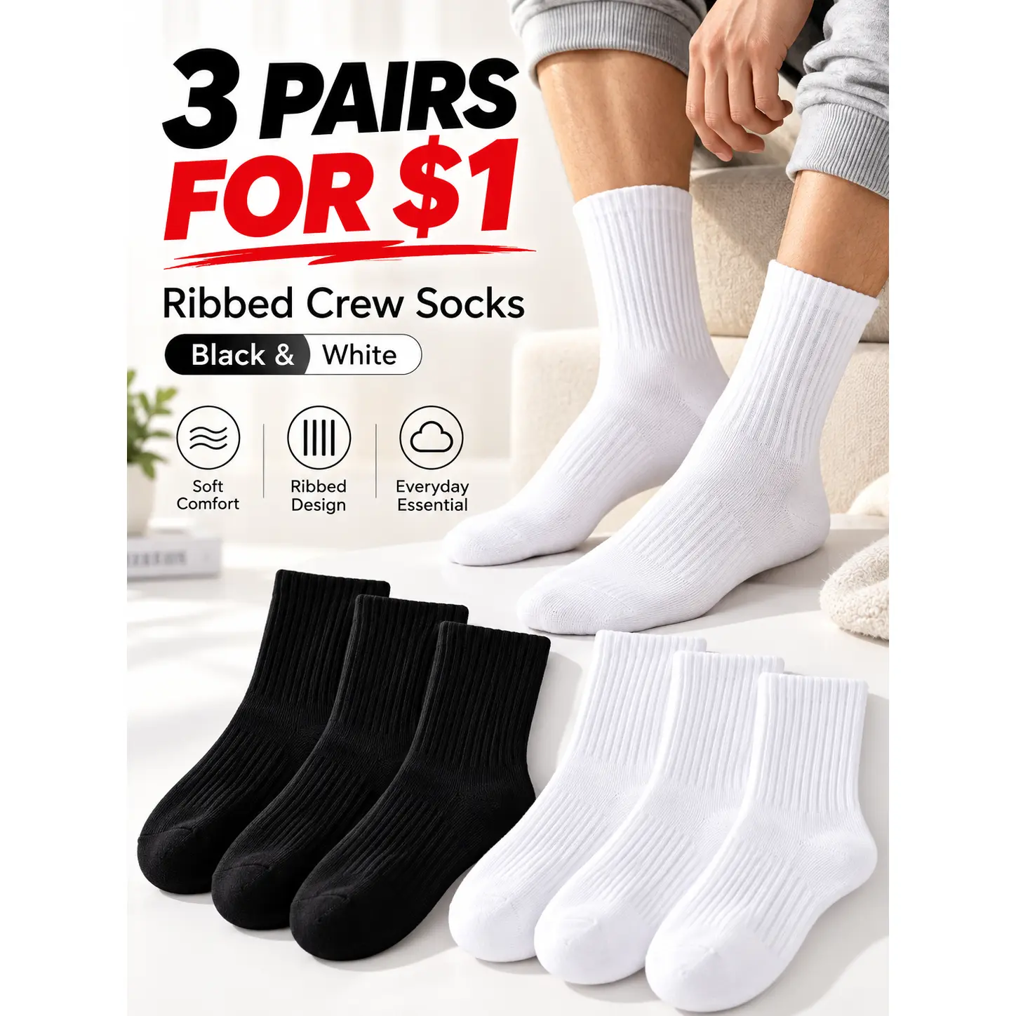 VTSNC Men's Mid-Calf Socks, 3-Pair Everyday Basic Casual Multipack for Daily Wear
