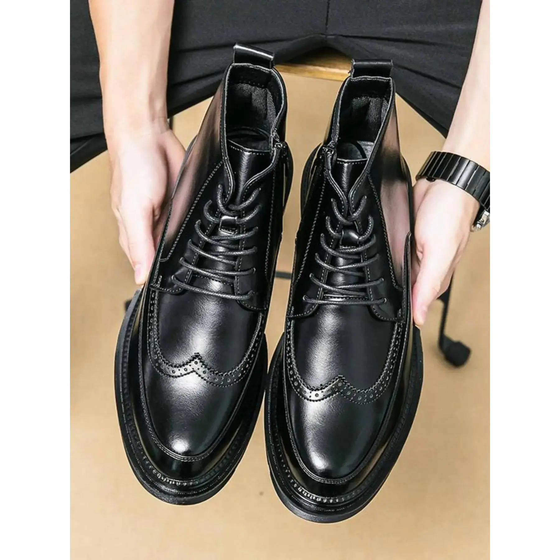 2026 Men's PU Leather Patchwork Brogue Ankle Boots - Solid Color Business Style, Dustproof All-Match Footwear for Office Work Daily Wear