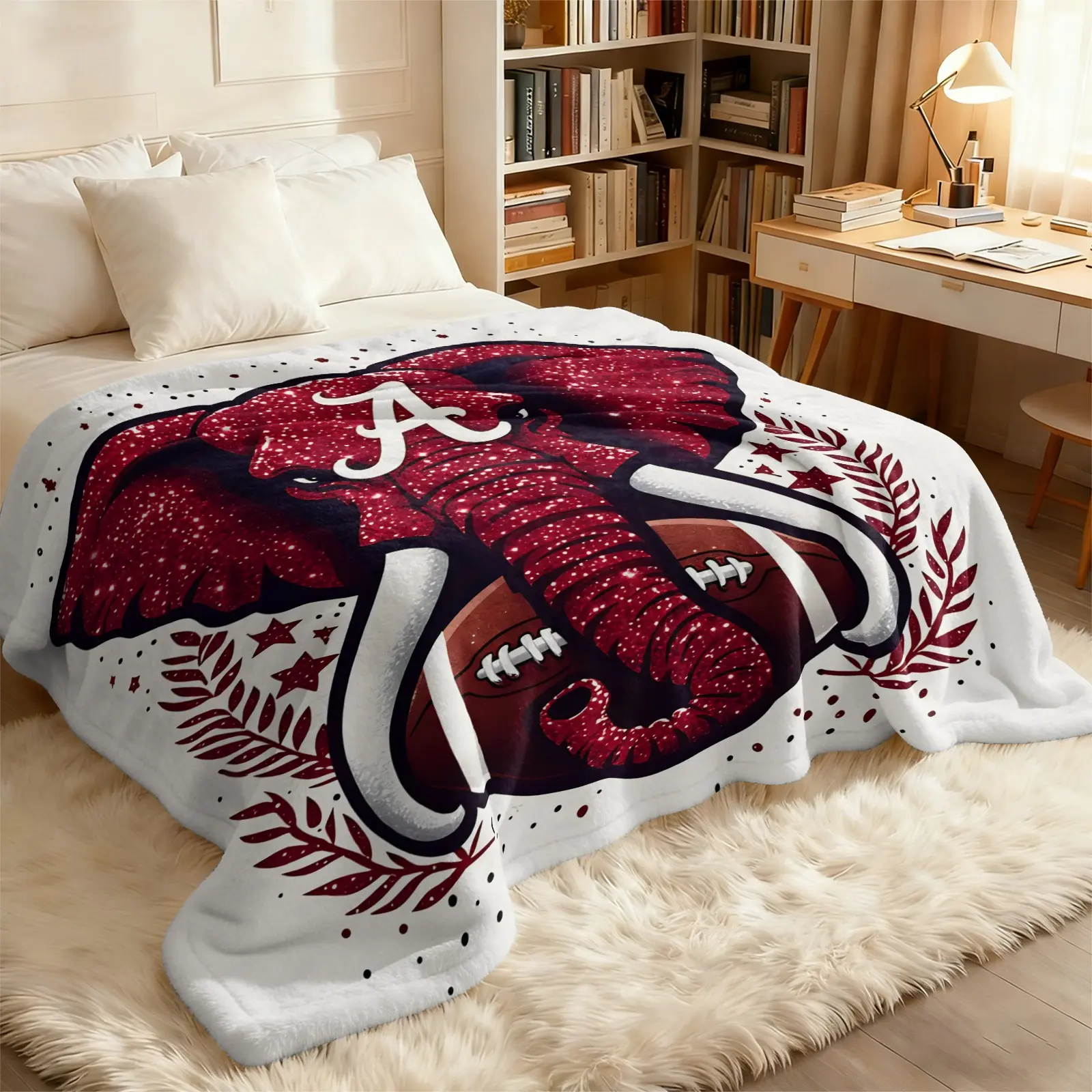 Alabama Crimson Tide Elephant Football Fleece Blanket, Glitter Elephant a Letter Laurel Print, Men's Sports Decorative Blanket