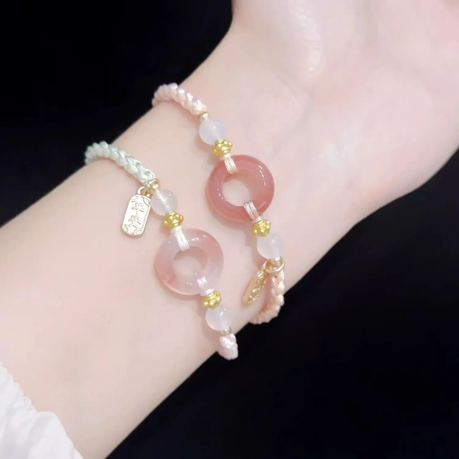 New Chinese National Style Braided Bracelet, Pink Peach Blossom Ping An Knot Safety Buckle Hand Rope, Matching Two-Piece Bracelets for Best Friends, Elegant Women Woven Accessories
