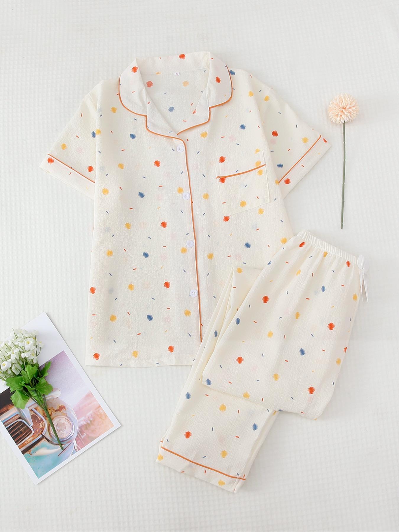 Two-Piece Set Women's All Over Print Pajama Set, Button Front Short Sleeve Shirt & Elastic Waist Pants Lounge Co-ord Set, Casual, Soft Sleepwear Loungewear, Summer Outfits 2024, Lady Summer Homewear, Loungewear