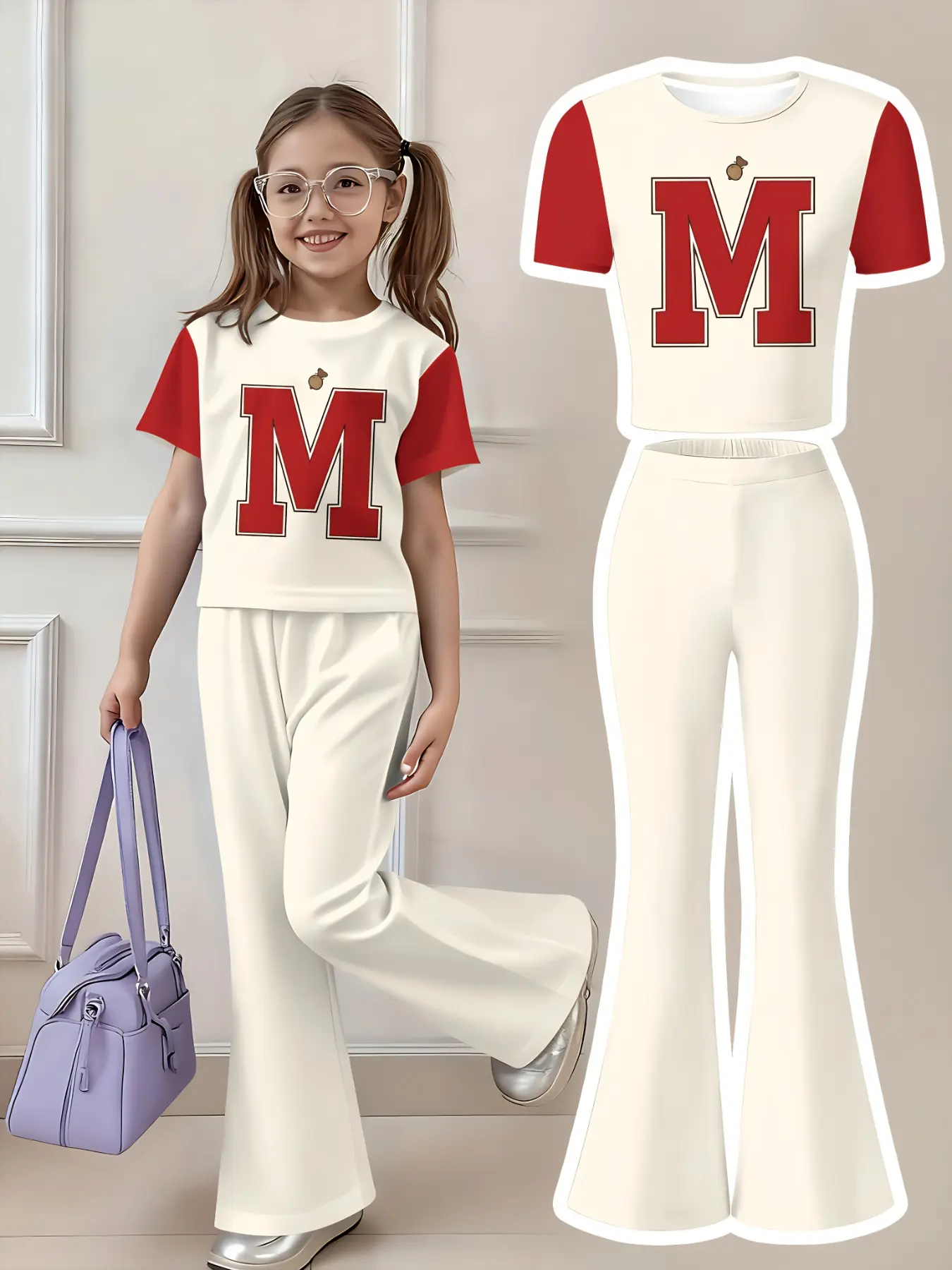 Vintage Varsity Letter M Print 2 Piece Matching Set Soft Stretchy Raglan Crop Tee Cream Flare Bell Pants School Campus Casual Viral Kidcore Summer Fashion