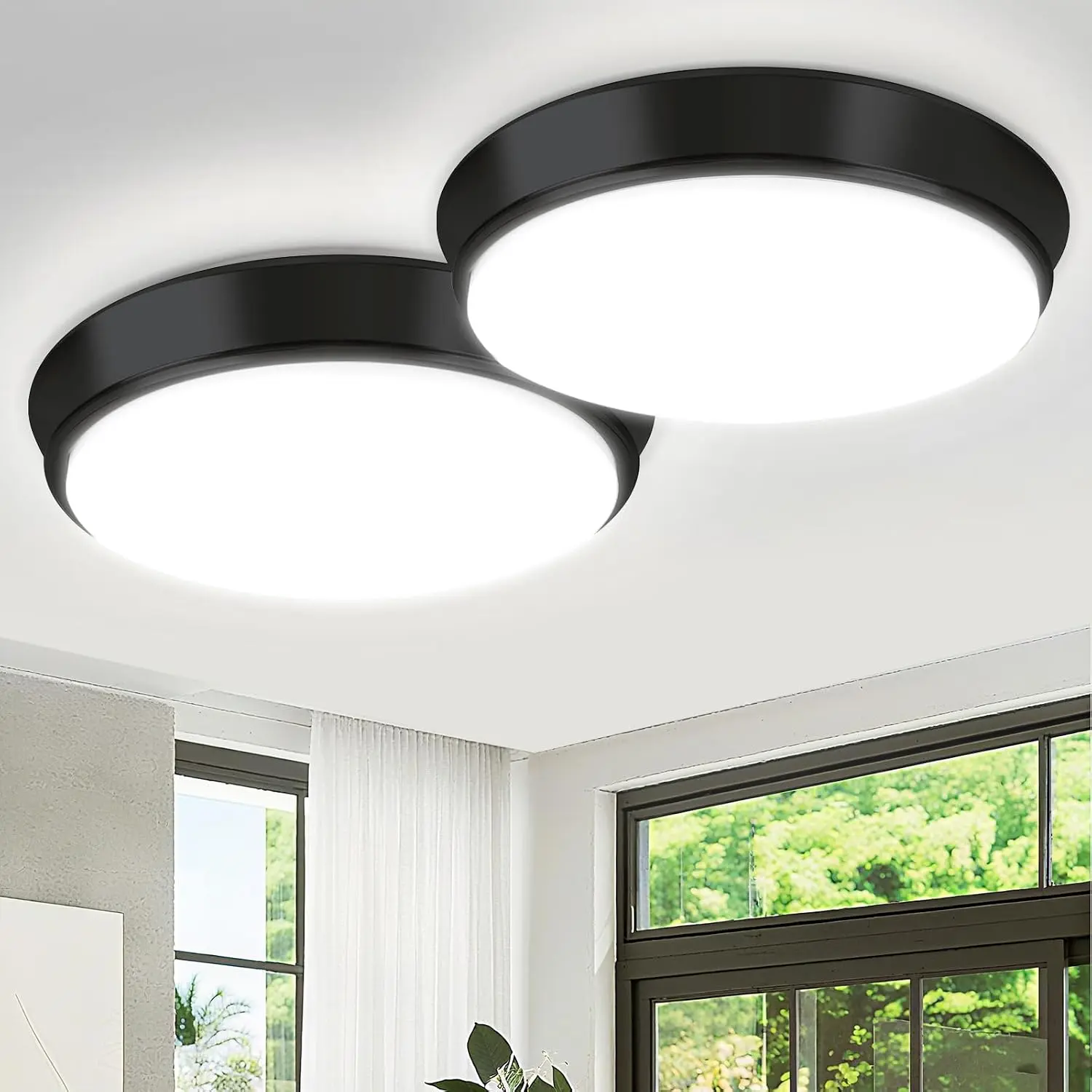 36W Black Flush Mount LED Ceiling Lights, 13in 4000lm Super Bright Dimmable LED Ceiling Light Fixtures, 2700K/3000K/4000K/5000K/6500K Adjust, Modern Ceiling Lamp for Bathroom Hallway, 2-Pack