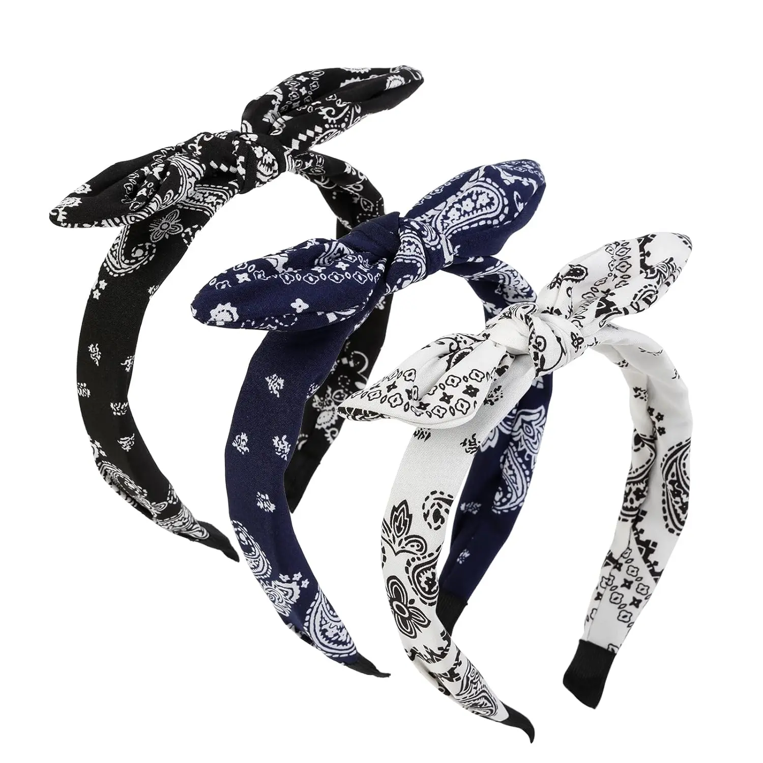 3 Packs Bow Headbands for Women Girls, Boho Paisley Knotted Hair Accessories, Non Slip Top Knot Turban Hairbands Headwraps, 3 count (Black, White, Navy Blue)