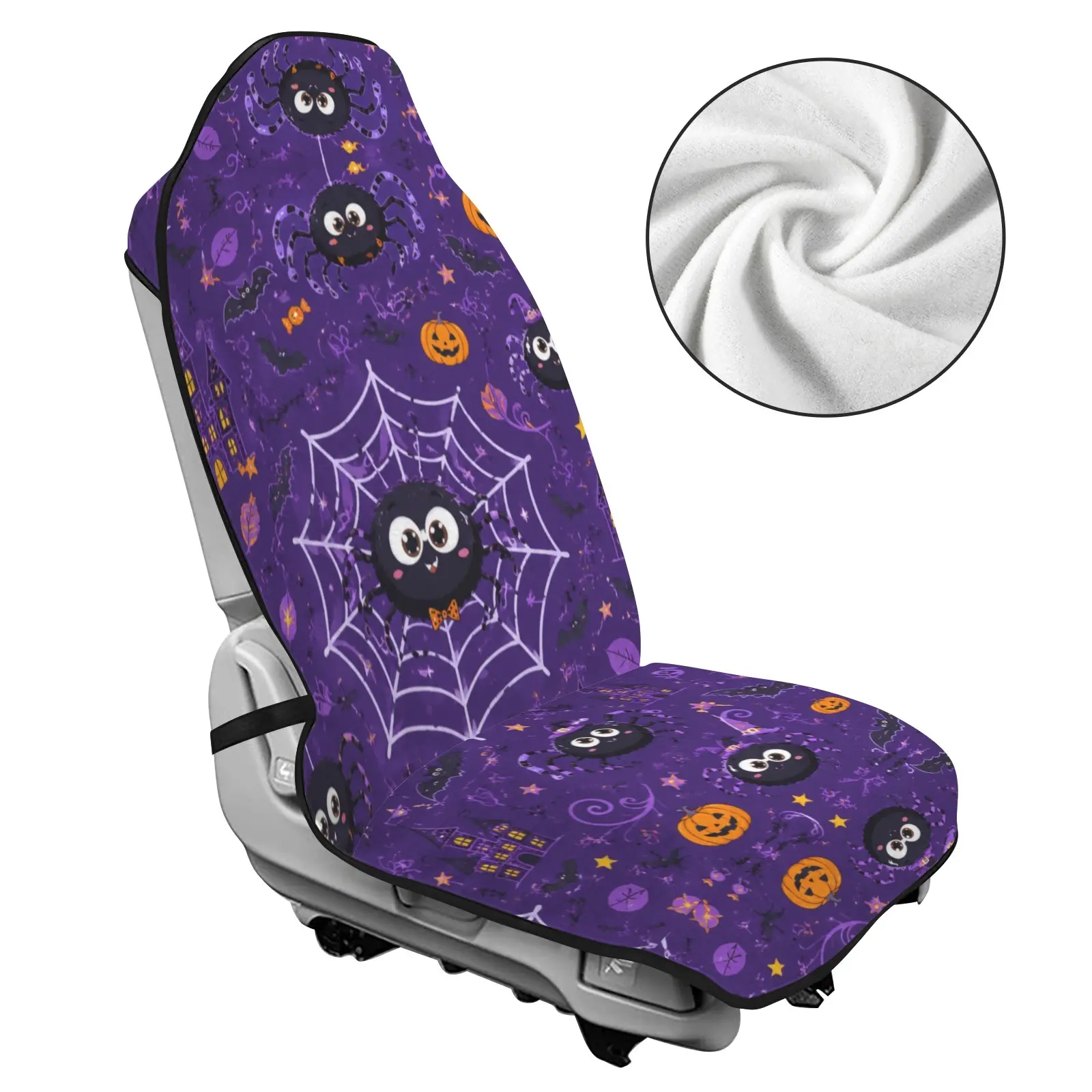 Halloween Cute Spider Pumpkin Car Seat Cover, Universal Auto Front Seat Protector, Purple Web Bat Castle Printed Car Accessories, Soft Plush Wear Resistant Seat Cushion Cover for Vehicle Truck SUV Daily Holiday Driving