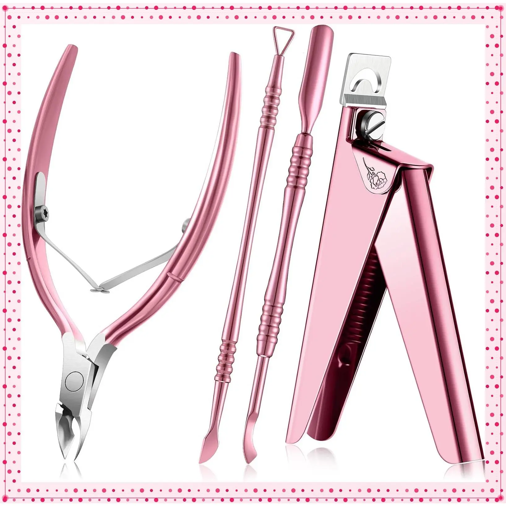 4-Piece Acrylic Nail Clipper Kit with False Nail Tips Cutter, Professional Cuticle Trimmer Nipper Cutter Pusher Remover, Stainless Steel Manicure Pedicure Tools, Pink Rose, Salon & Home UseGift