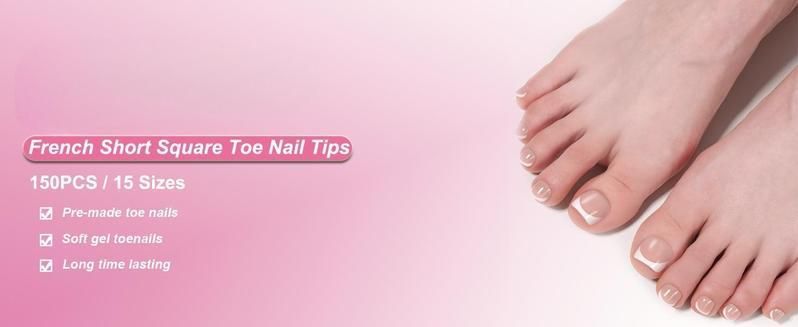 Black French Tips Toe Press On Nails, 150pcs Square Pre-Designed Soft Gel Thick False Toenail Extension, Berry Pink Full Cover Acrylic for DIY 15 Sizes