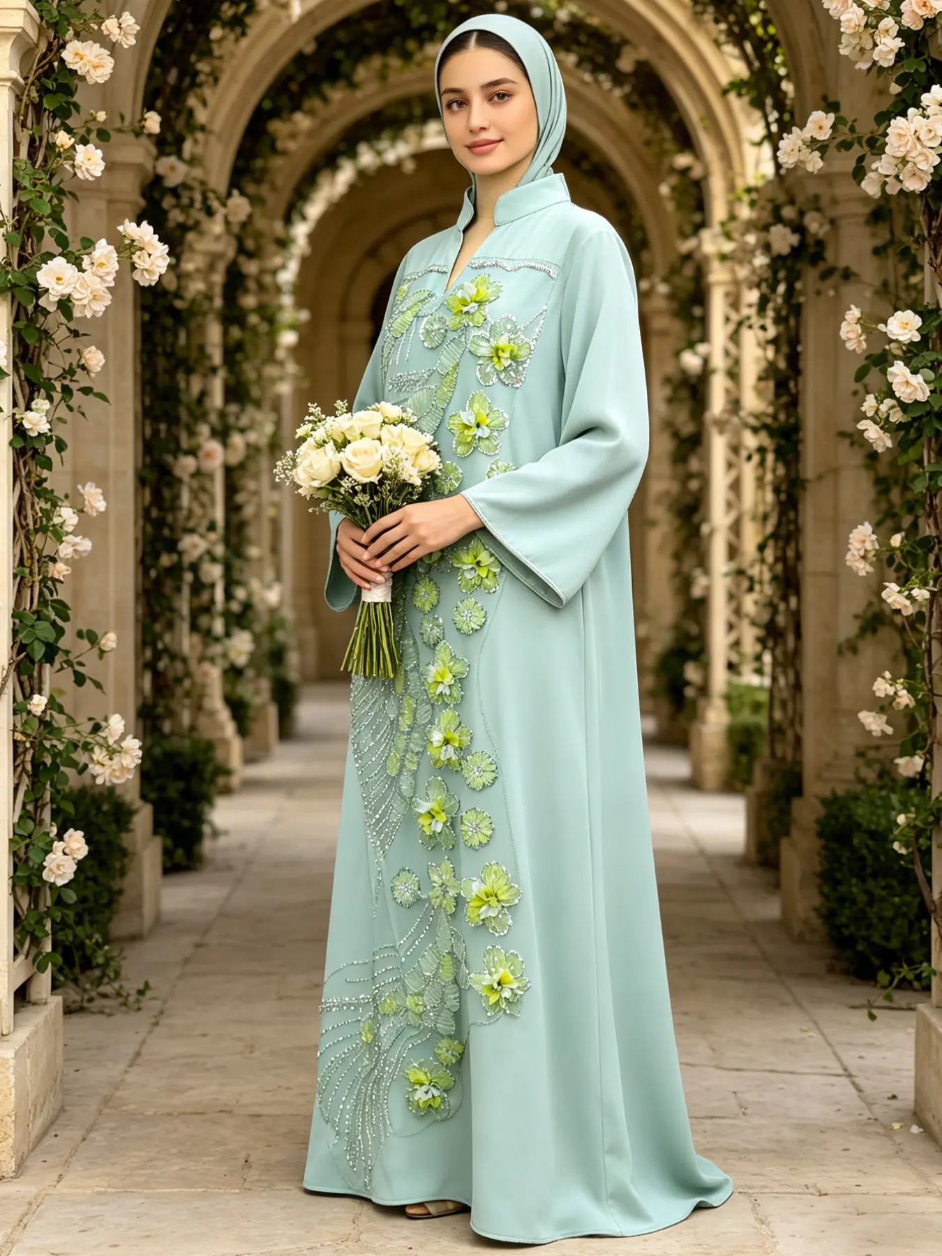3D Floral Muslim Dress Abaya, Dubai V Neck Long Sleeve Robe, Embroidered Rhinestone Gown, Eid Wedding Evening Wear