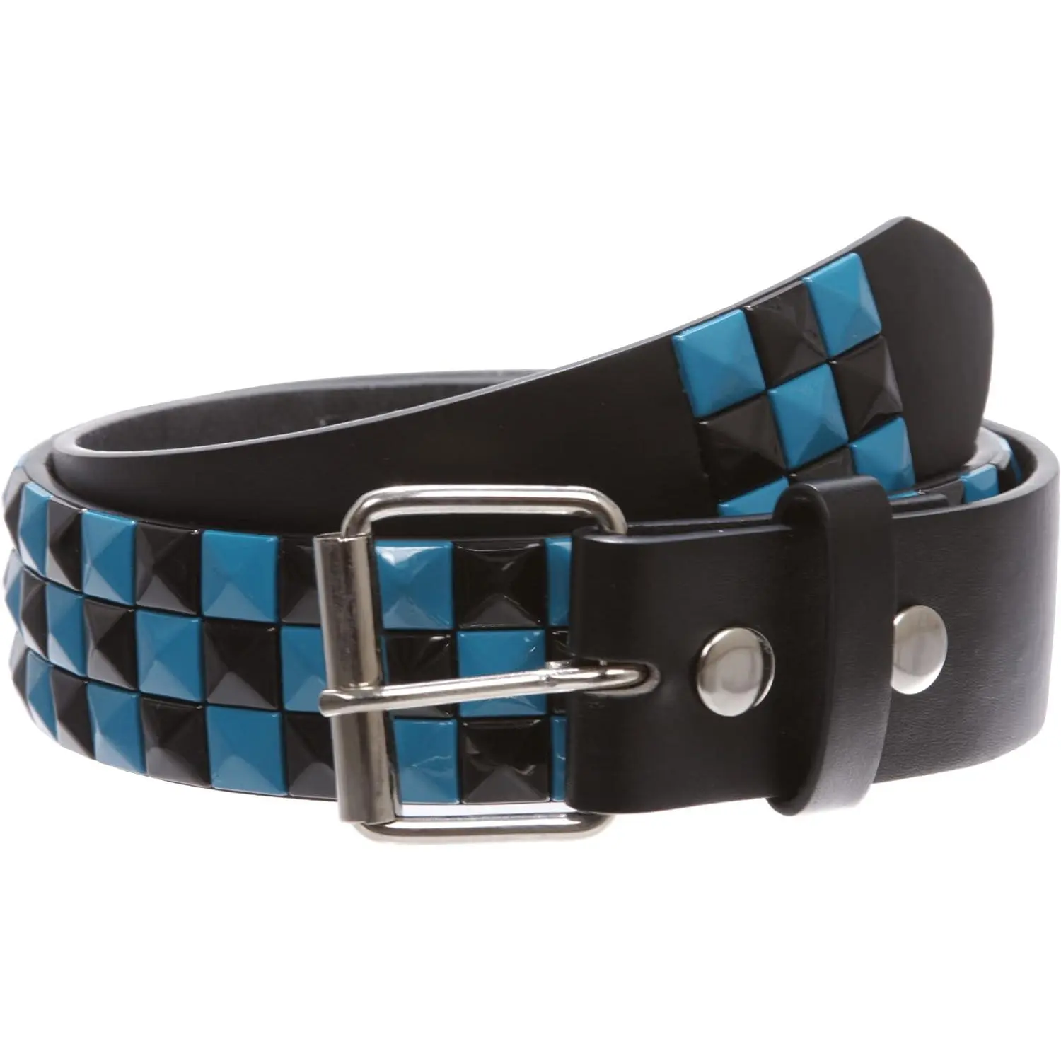 Studded Checkerboard Bonded Leather Pyramid Punk Rock Belt, Multi-Size, Interchangeable Buckle, Stud Detailing