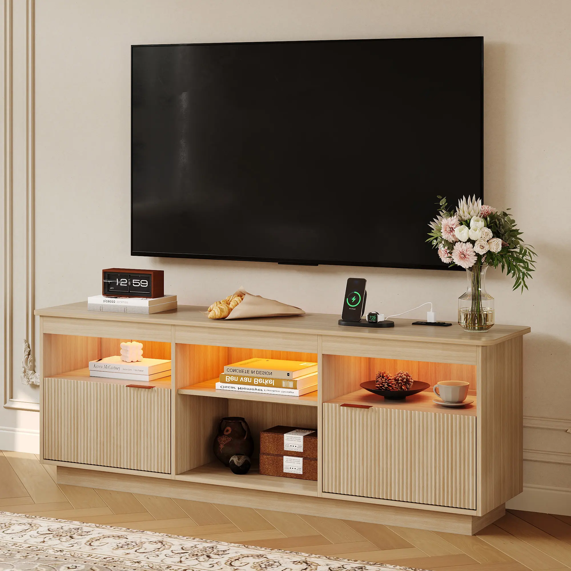 Oak Wood TV Stand - 70 in, with LED Lights & Power Outlet, Fits TVs Up to 80 in, Living Room Entertainment Center Media Console
