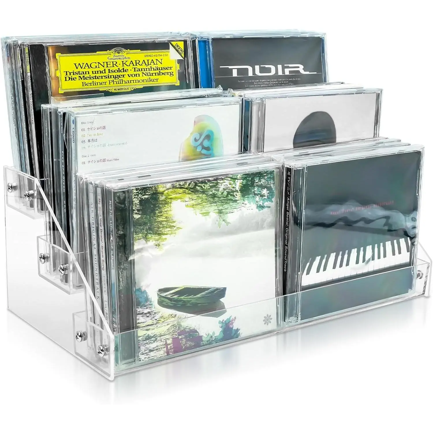 3 Tier Clear Acrylic CD Holder Cascading CD Storage Rack, DVD/CD Display Rack & Vinyl Record Storage Stand Holds up to 24 Standard CD Cases for Media Shelf Storage and Organization clear Medium size