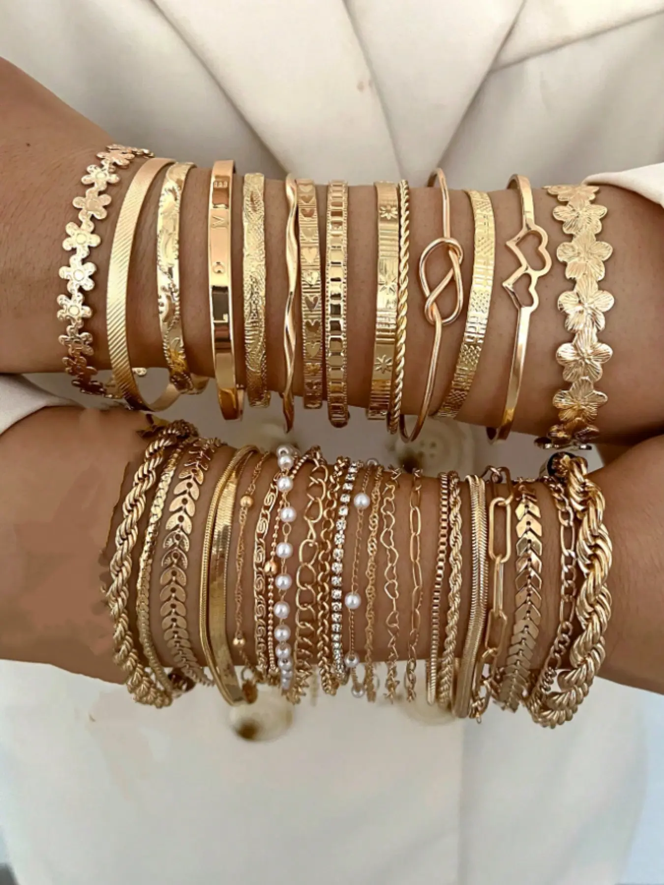 36pcs/set Vintage Geometric Pearl Crystal Braided Multi-Layer Stacking Metal Bracelet Set, Elegant Jewelry for Daily, Party & Holiday Gift, Stackable Bangle Bracelets