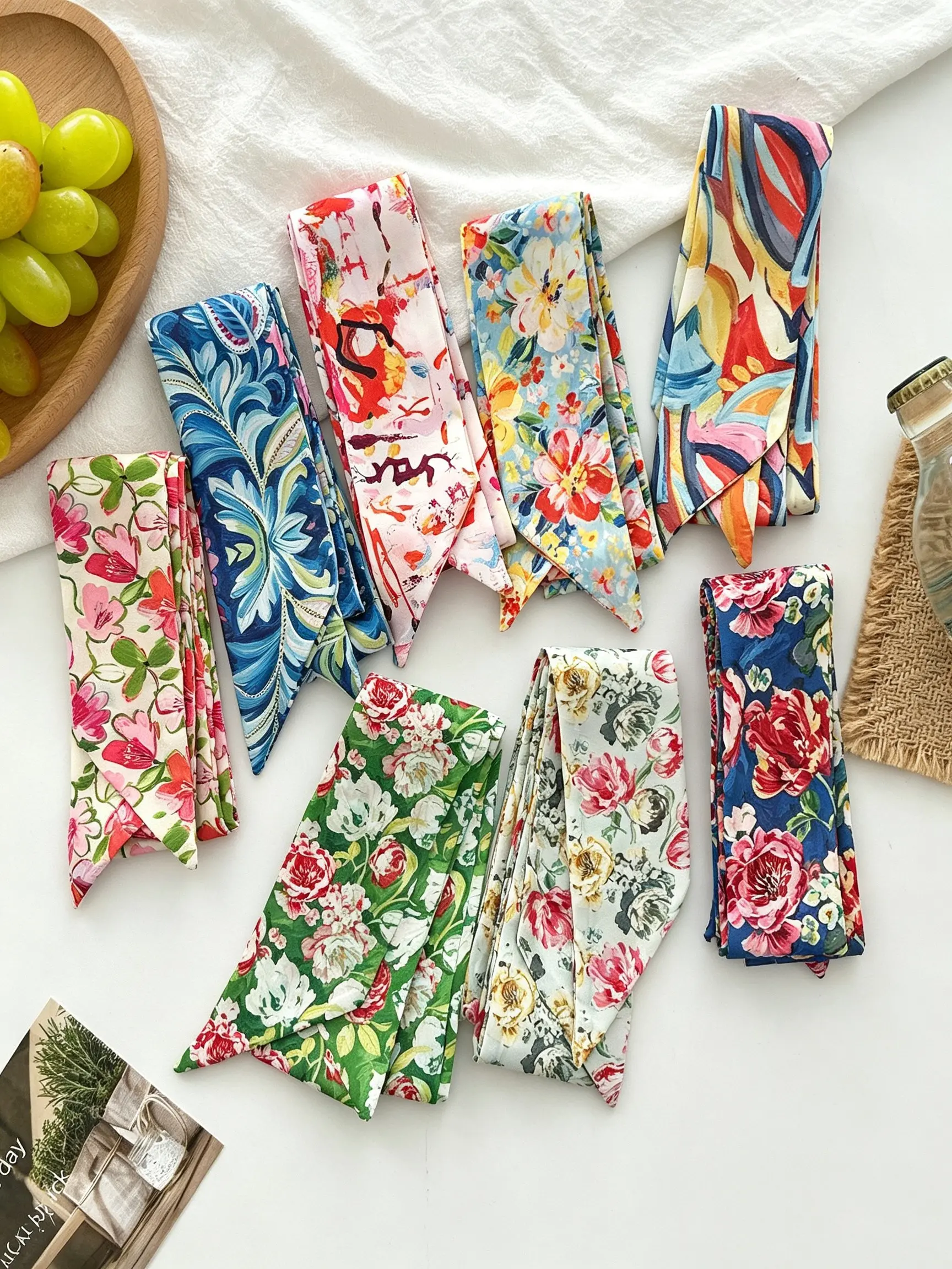 8-Piece Elegant French Style Hair Ties, Long Ribbon Set for Women & Girls, Multi-Functional Accessories, Floral Design, 120*5cm