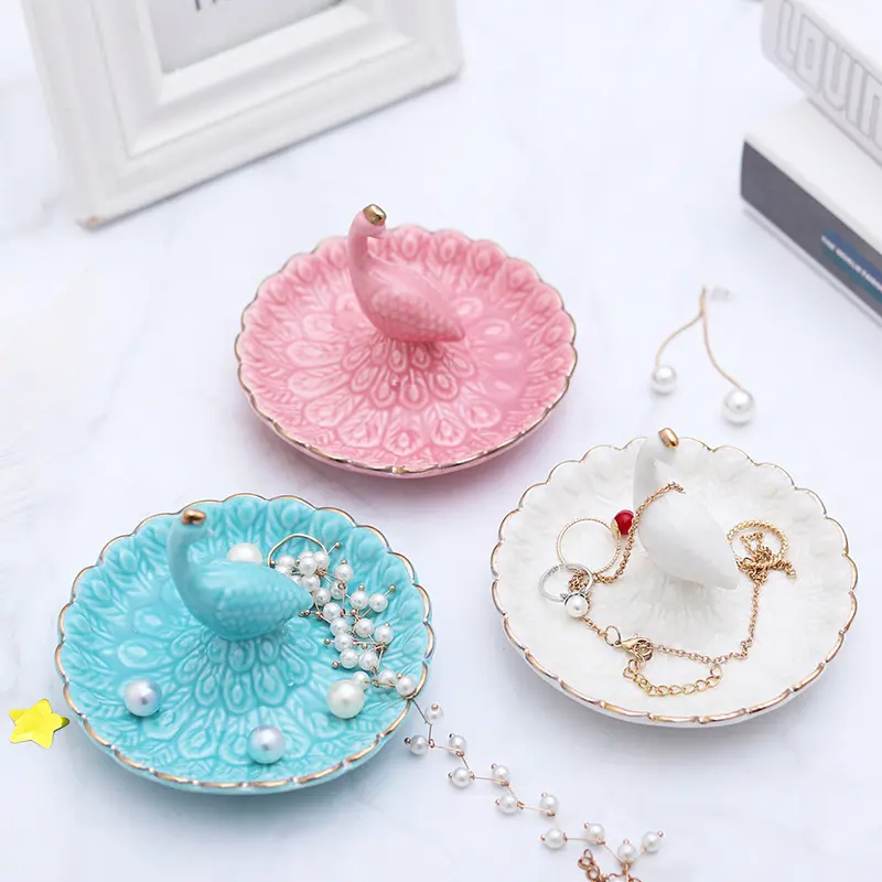 Ceramic Jewelry Tray, Elegant Peacock Trinket Dish with Gold Rim, Decorative Ring Holder for Vanity, Bedroom, or Entryway Decor, Default