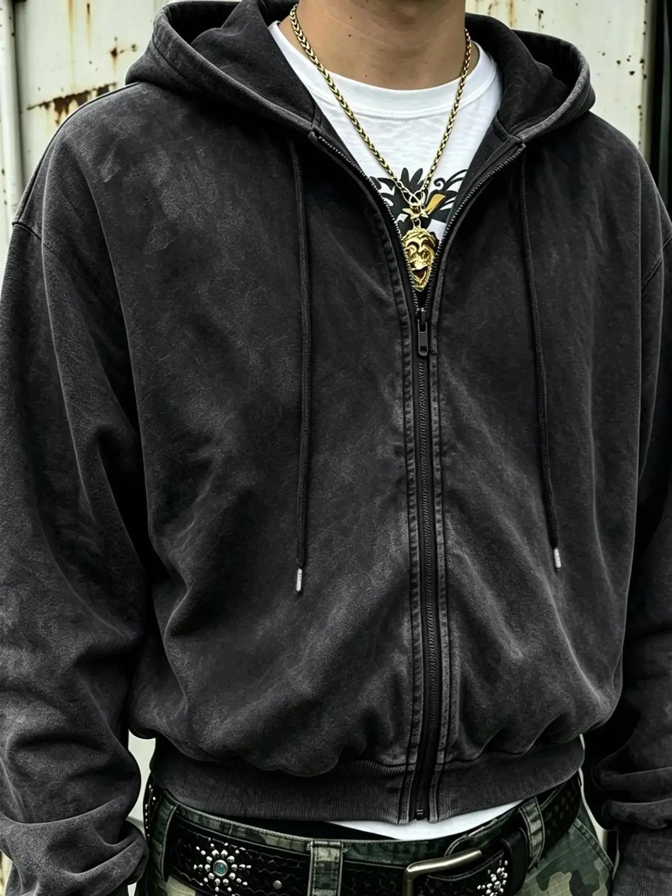 Men's Vintage Washed Zip Up Hoodie, Street Style Loose-Fitting Plain Surface, Unlined Puffer Jacket for Men, Perfect for Daily Wear