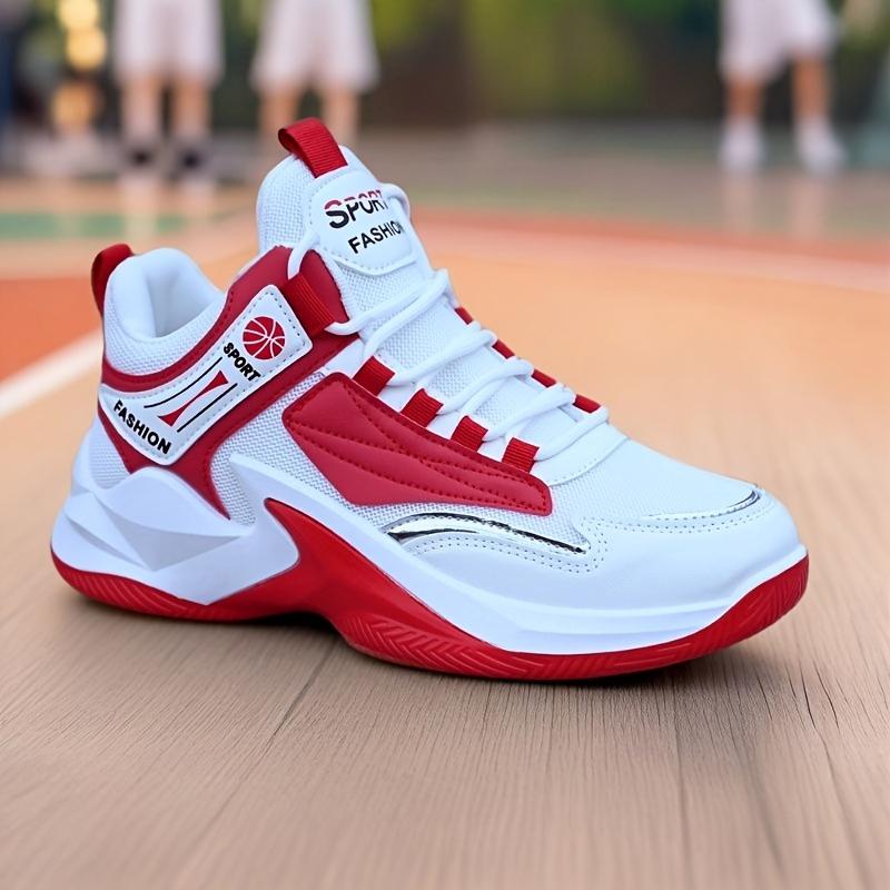 Men's-Top Basketball Sneakers - White with Red Accents, Lace-Up, Rubber Sole, Casual & Training All-Season Shoes