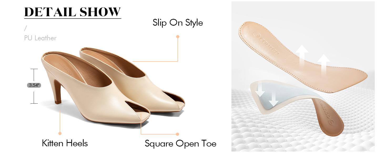 Fashare Womens Kitten Heels Mules Open Peep Toe Slide Sandals Slip On Summer Dress Shoes