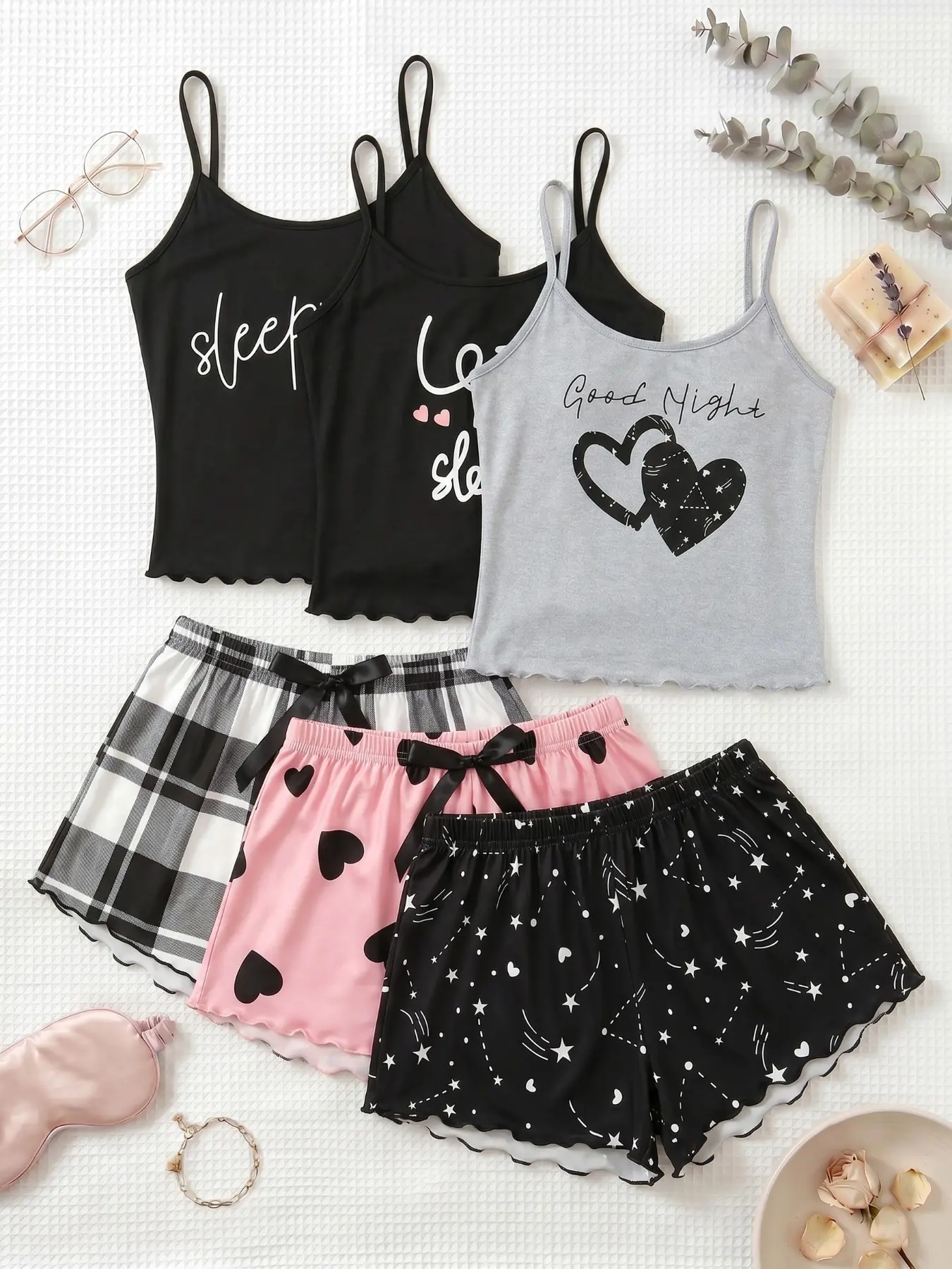 3-Piece Women's Sleepwear Set, Tank Tops & Shorts, Letter Heart Print, Comfortable Home, All-Seasons Slim Fit