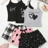 3-Piece Women's Sleepwear Set, Tank Tops & Shorts, Spaghetti Strap, Letter Heart Print, Comfortable Home, All-Seasons Slim Fit