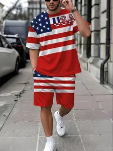 Laid back city street smooth stain resistant eye catching uneven split US flag USA letter tee drawstring pocket shorts two piece set adult men holiday travel walking home lounge 4th of July top search men casual suit