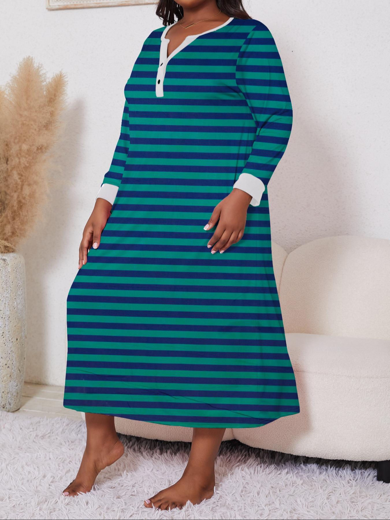 Plus Size Striped Print Contrast Binding Nightdress, Casual Button Front  Notched Neck Sleep Dress for Women, Women's Sleepwear for Spring & Fall