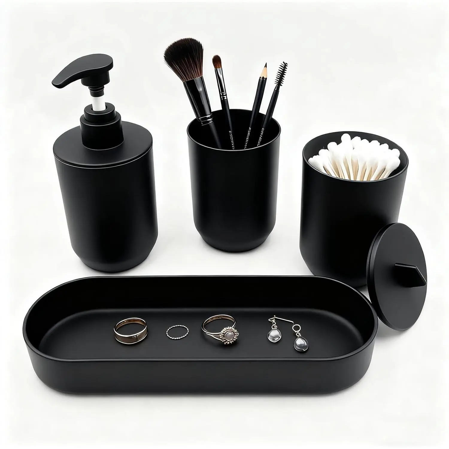 LGURT-4-piece Bathroom Accessories Set, with Toothbrush Cup, Lotion soap Dispenser, Qtip Holder Dispenser and Vanity Tray, Bathroom Counter top Vanity (Matte Black)