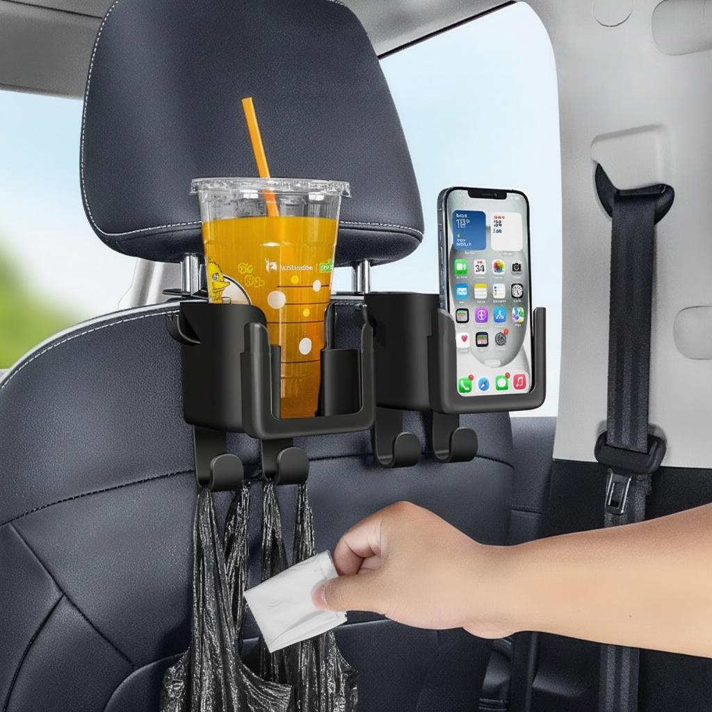 pcs Car Seat Back Organizer with Cup Holder, Phone Stand & Hooks - Heavy-Duty Multi-Functional Storage Rack, Multifunctional Car Organizer, Space-Saving Design for SUVs, Sedans, Trucks - Holds Water Bottles, Phones, Bags, Glasses, Car Interior Organizer
