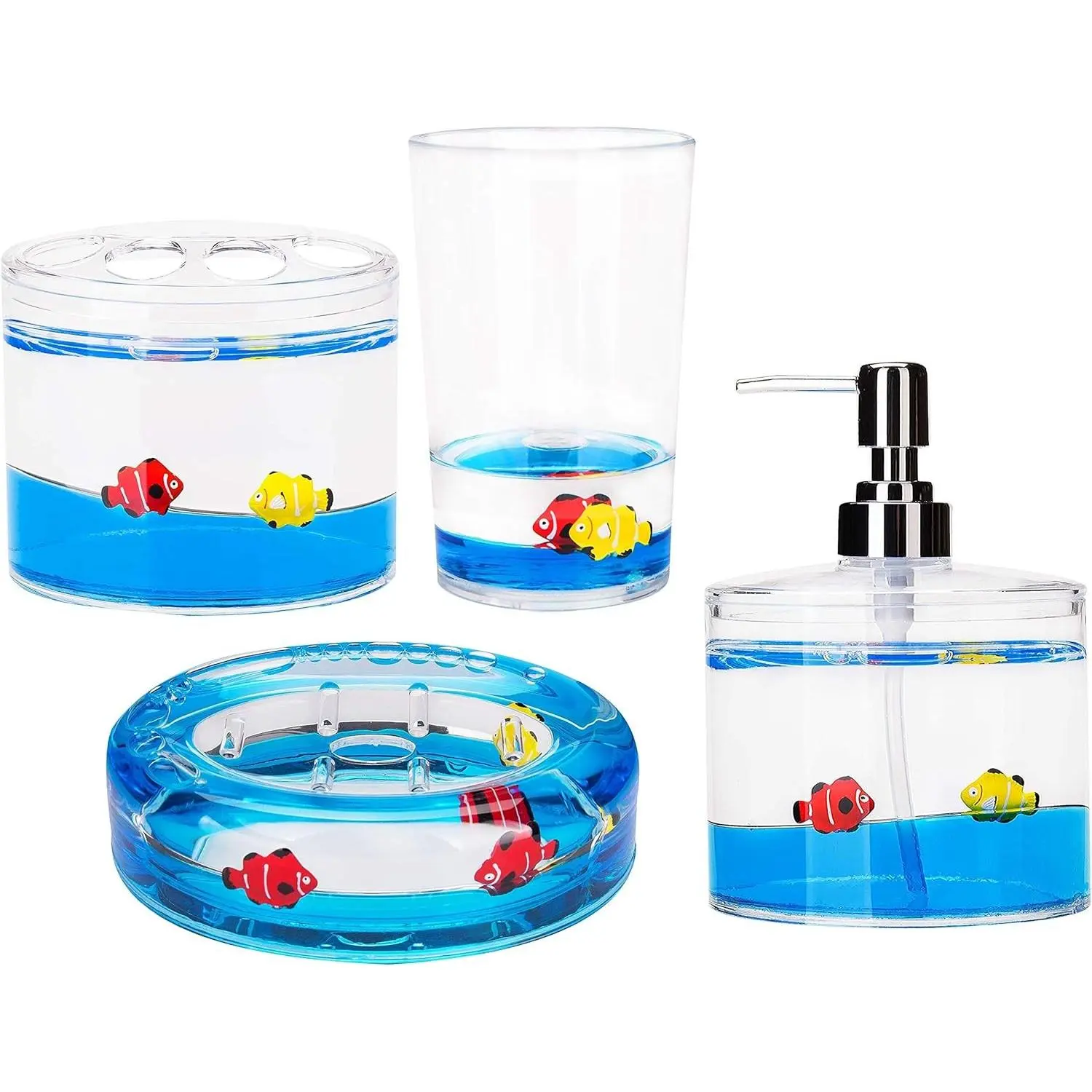 4 Piece Acrylic Liquid 4D Floating Motion Bathroom Vanity Accessory Set Ocean Cartoon Animal Theme Fish Toothbrush Holder, Tumbler, Soap Dispenser, Soap Dish