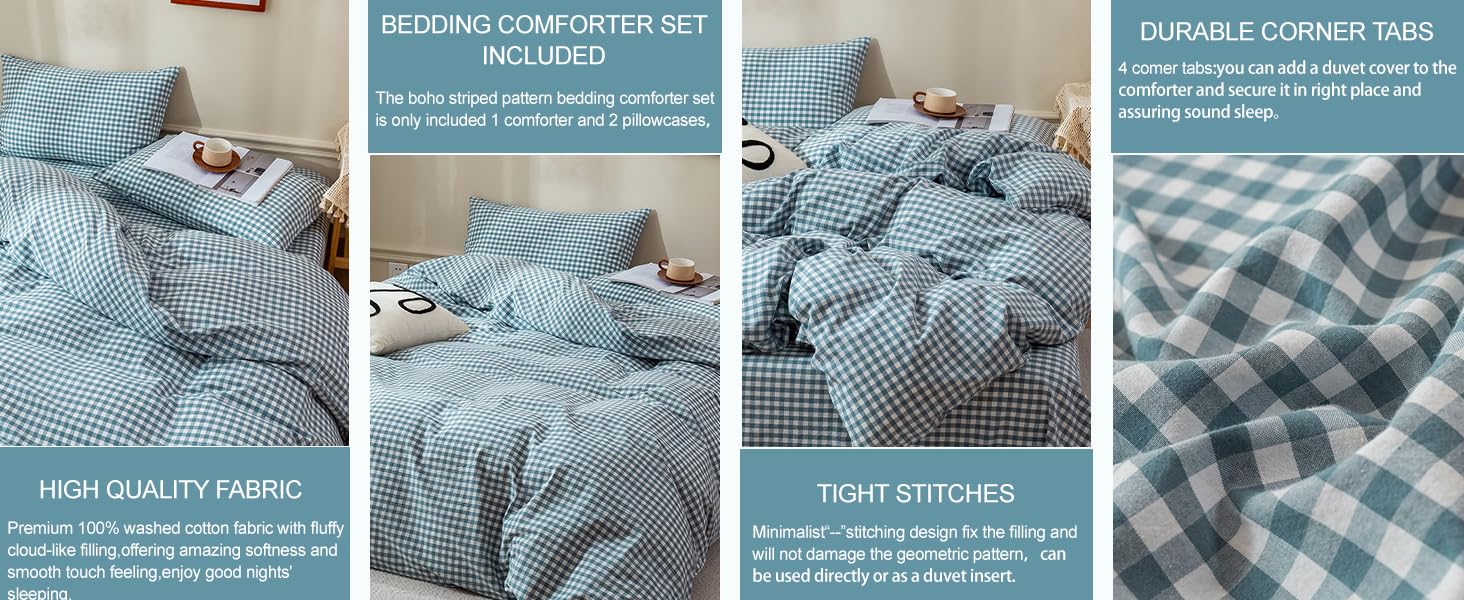 EAVD Blue Gingham Comforter Set Full Soft White and Blue Bedding Set with 2 Pillowcases Grid Comforter Set Reversible Farmhouse Gingham Bedding Set for All-Season