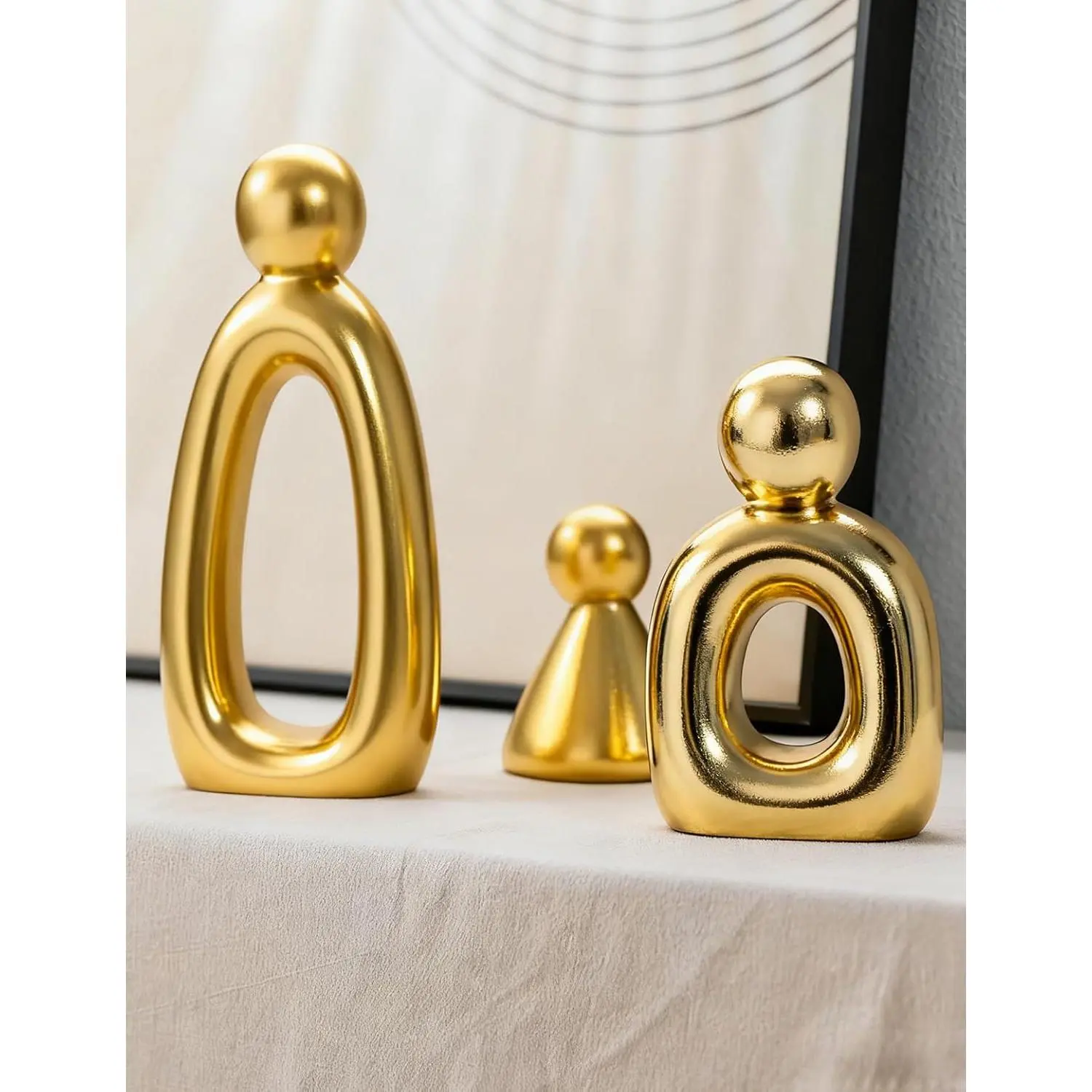Decorative 3-Piece Minimalist Abstract Sculpture Set - Gold Metallic Finish Home Decor, Shelf Decor for TV Stand, Love Theme Knick Knack Gift for Family
