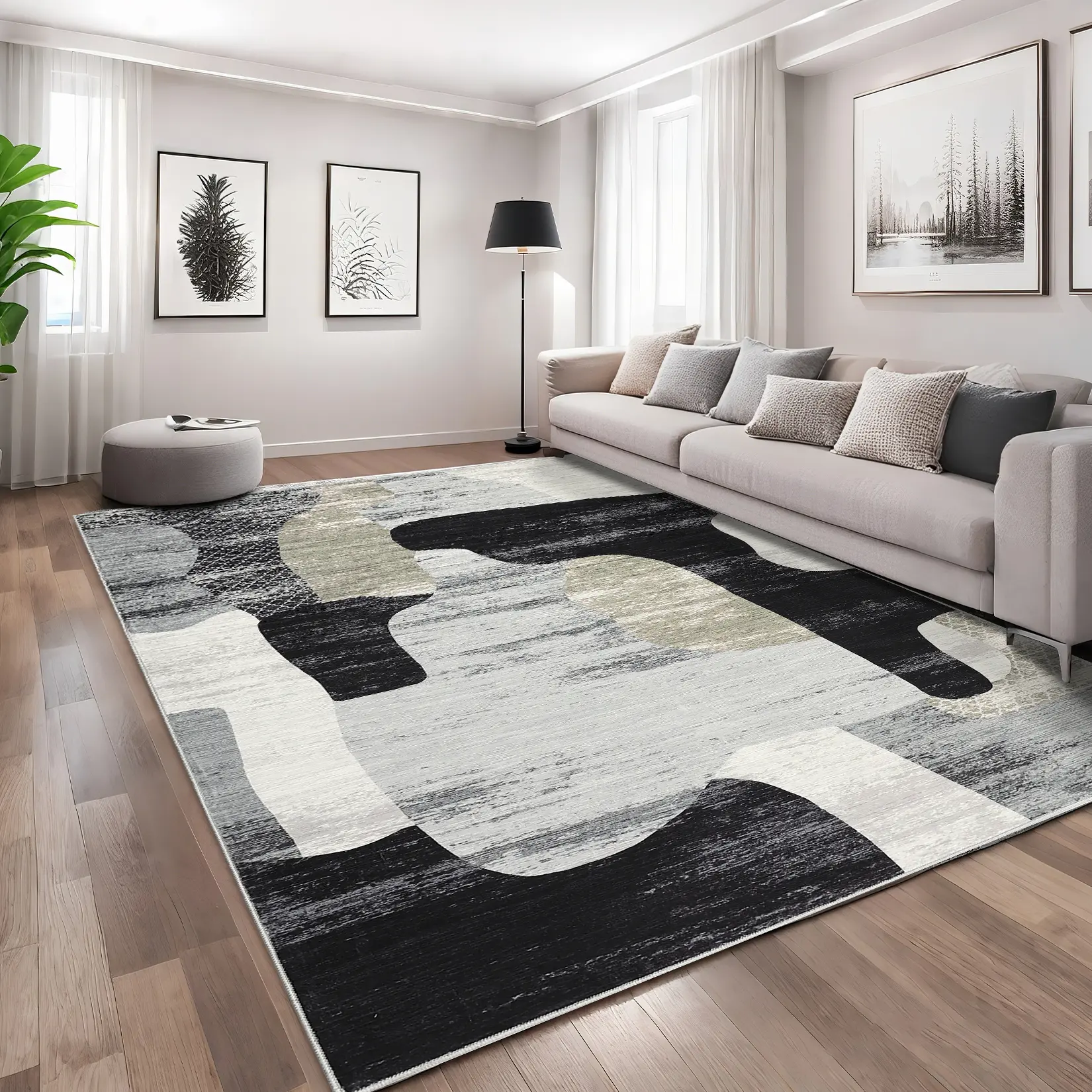 Contemporary Synthetic Fiber Area Rug - Living Room Rugs, Washable, Soft, Non-Slip, Collapsible & Lightweight, Low Pile, Durable Carpet Ideal for Bedroom, Entryway, Abstract