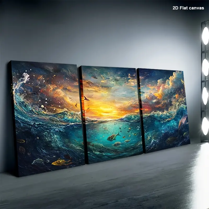 3-Piece Wood Framed Nautical Wall Artwork - Artistic Ocean Sunset, Waves & Fish Seascape Canvas Prints, Ready-to-Hang Home Office Decor, Holiday Gift, Decorative