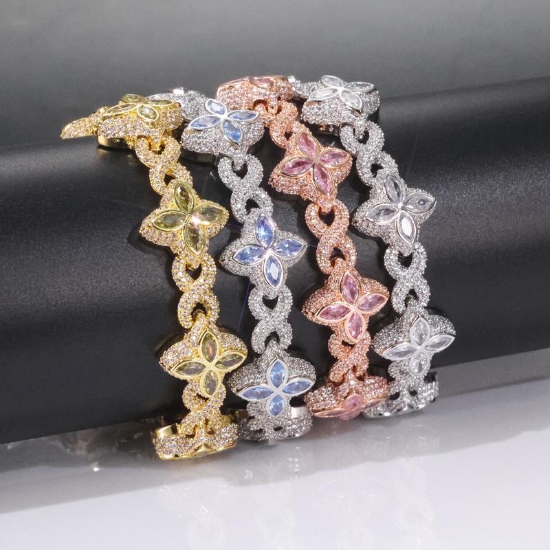 [ICE HUE]18K Gold Vacuum Plated Copper with 5A+ Sri Lanka Colorful Zircon Dopamine Infinity Four Leaf Clover Clarity Bracelet Miami Italy Mexico & Micro Inspired for Women & Men Luxury Jewelry,Daily Wear,Fashion,Gift,Chicano,Classic,Hip Hop,Sporty Style