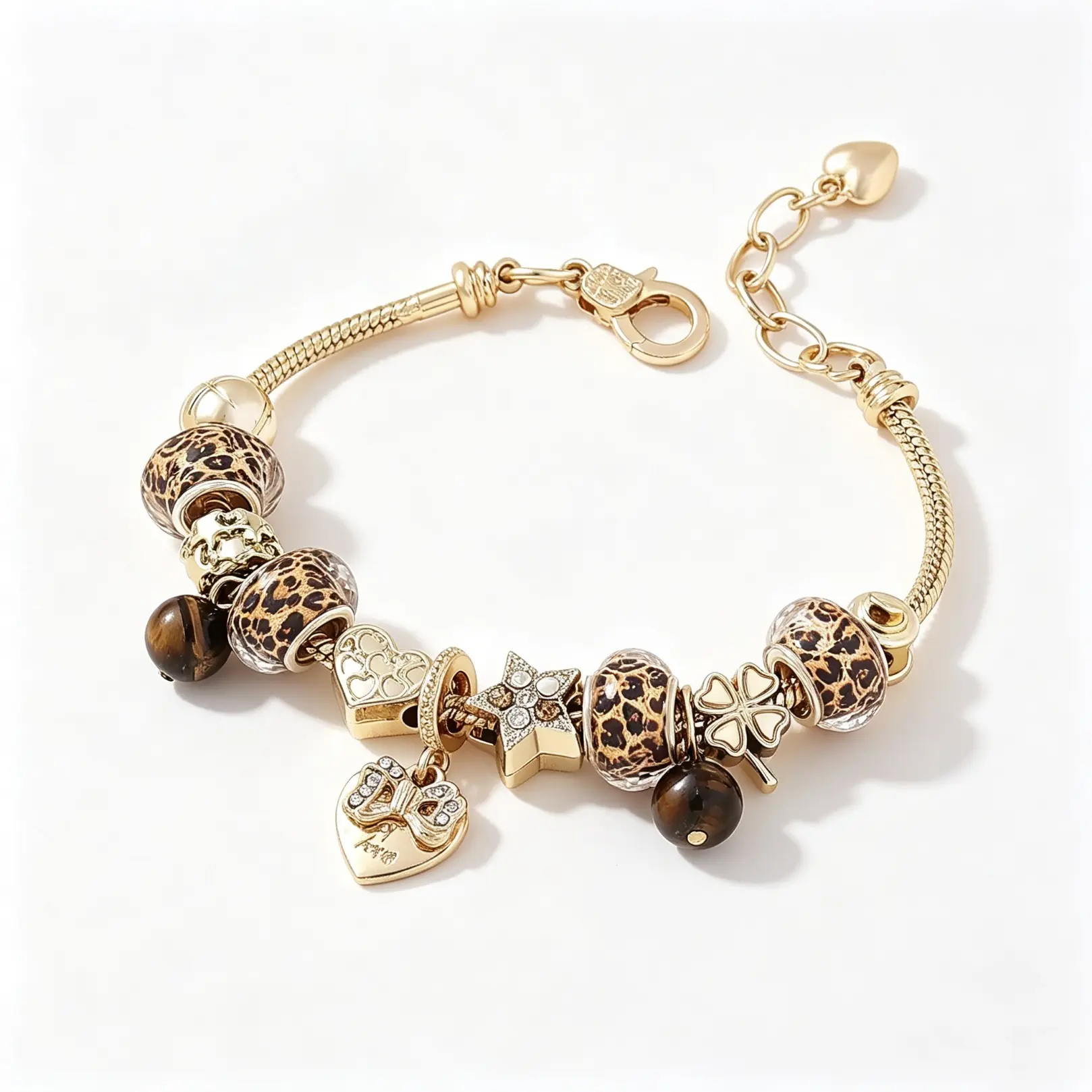 Leopard Print Beaded Charm Bracelet For Women, With Heart Bow Clover Charms And Tiger Eye Stone, Trendy Copper‑Toned Statement Jewelry For Daily Wear, Parties And Night‑Out Occasions