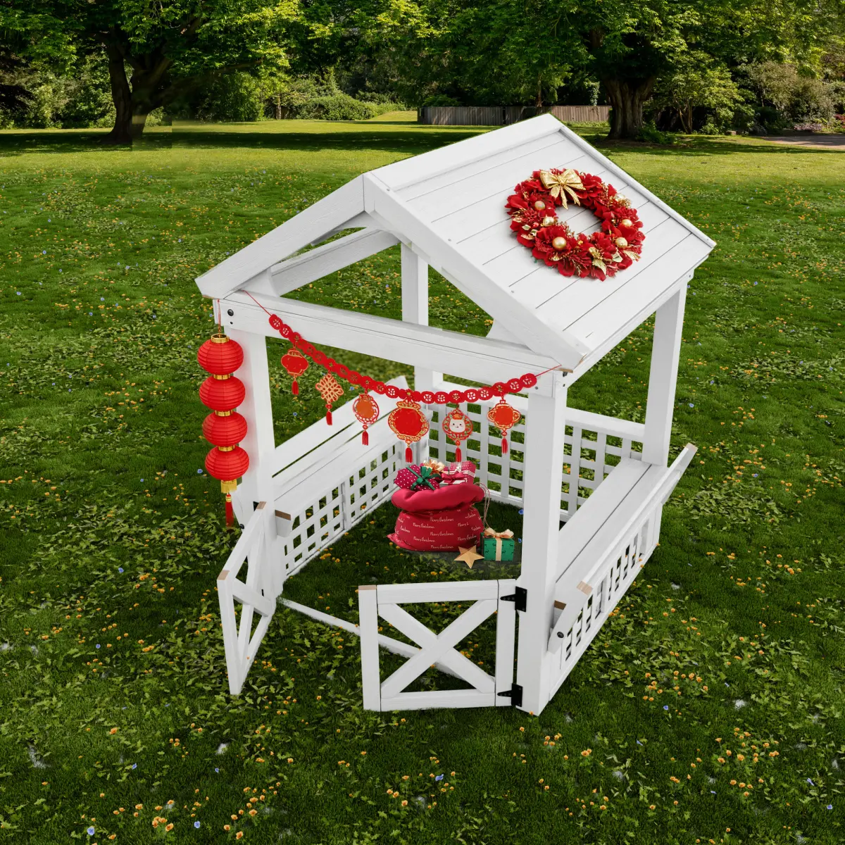 Rustic Rectangular Kids Wooden Outdoor Playhouse 52"L*44"W*61.49"H, Solid Chinese Fir Play Cottage with Roof, Built-In Bench & Access Doors, Weather Resistant Backyard Play Cabin for Children Role Play