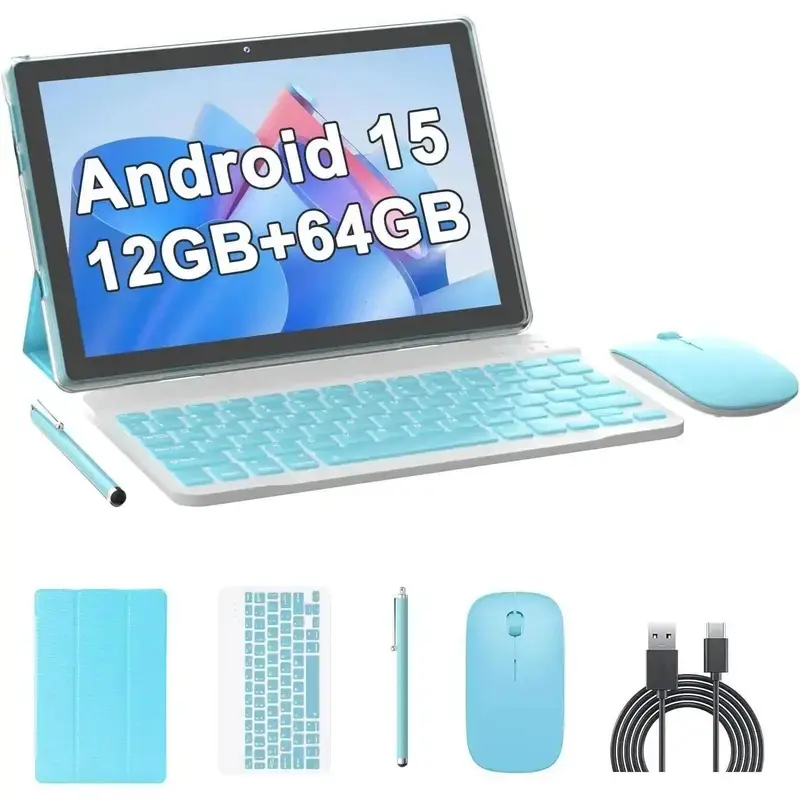 10-Inch Screen Android 15 2-in-1 Tablet with Wireless Keyboard, Mouse, Case, Stylus, 64GB ROM+12GB RAM(4+8 Expandable), 1TB Expandable Memory, 2MP+8MP Dual Camera, 6000mAh Battery, 5G WiFi-6, Bluetooth, SD Card Slot, USB Support, Flash Function