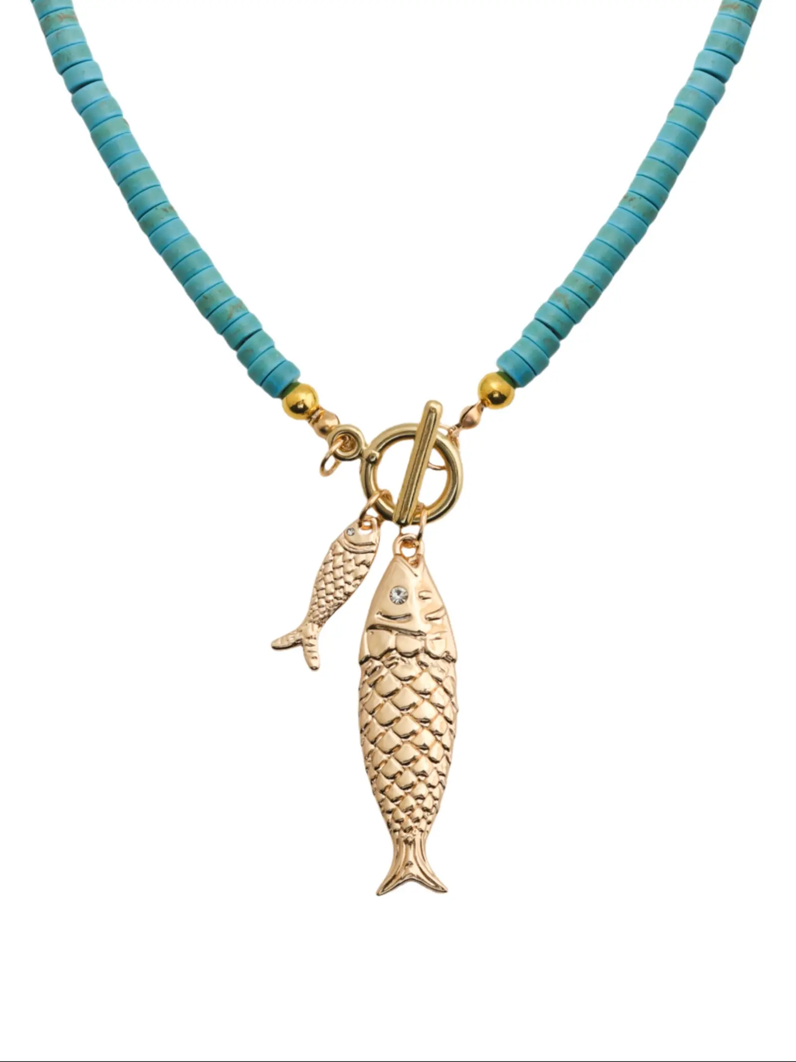 Gold Fish Pendant Turquoise Necklace, Malachite Chain, Unique Summer Beach Jewelry Accessory, Stylish and Trendy Fashion Piece, Boho Aesthetic