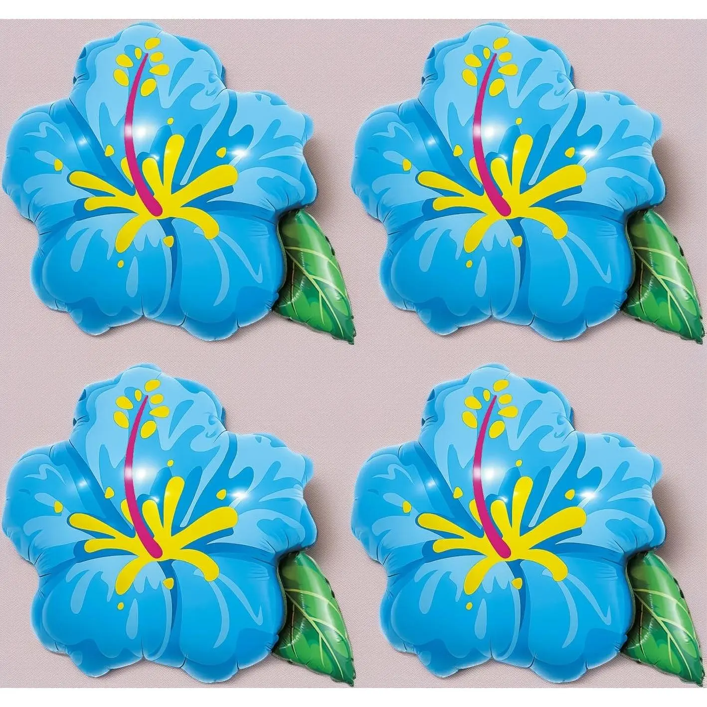 4-Pack Blue Hibiscus Foil Balloon Set, 23.6 in Floral Shape Decor for Hawaiian Luau Party, Flamingo Themed Birthday, Summer DIY Party Supplies, Tropical Flowers