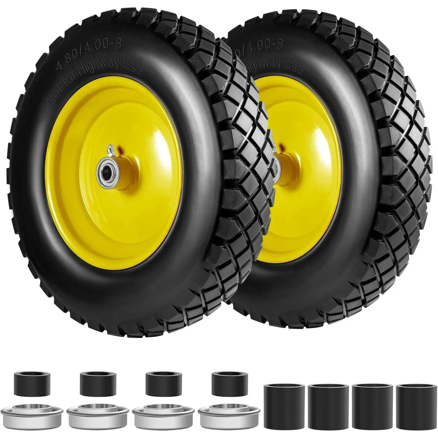 4.80/4.00-8" Tire and Wheel Flat Free 16", Solid Wheelbarrow Tire with 5/8" & 3/4" Bearings 3" Centered Hub, 14"-16" Universal Fit Wheelbarrow Tires for Hand Truck/Garden Trailer/Trolley/Wagon (2)