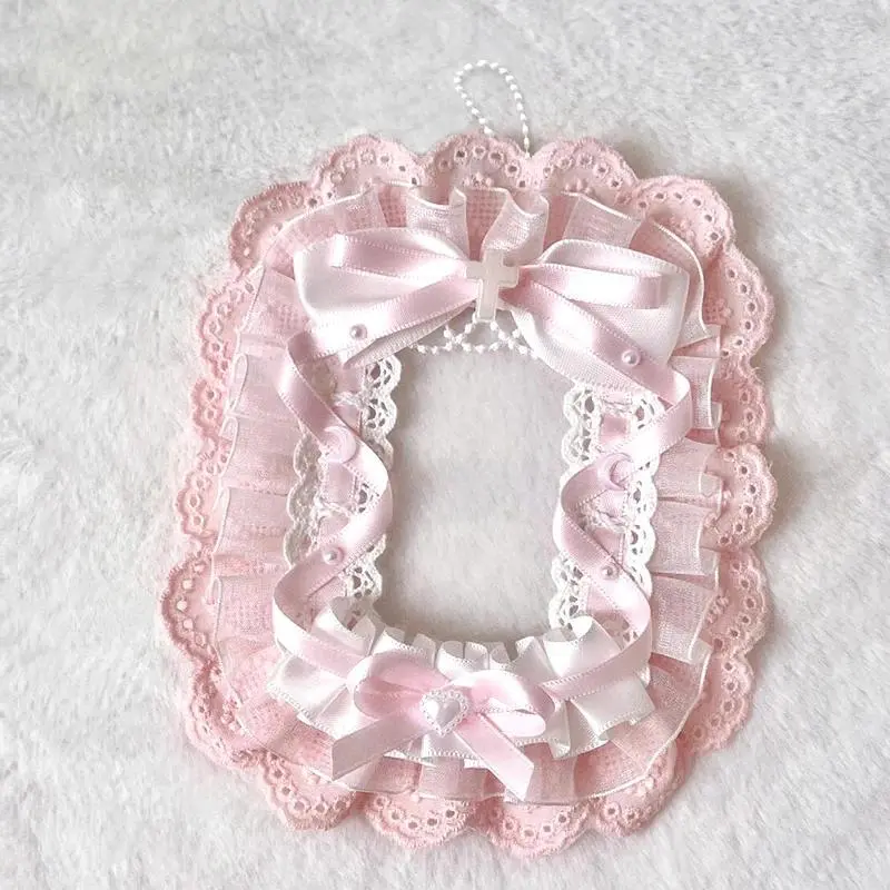 Sweet and Cute Pink Bow Lace Photo Card Holder, with a Chain That Can Be Hung on a Backpack, Decorative Charm for Ita Bags, Anime Cartoon Small Card Holder