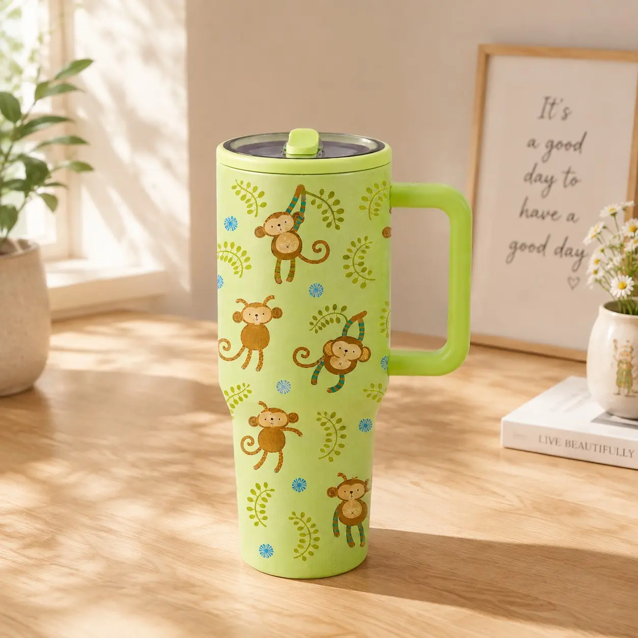 1PC 40oz Forest Monkey Insulated Water Bottle with Cute Monkey Animal Pattern and Handle, Natural Stainless Steel Cup, Large Capacity Vacuum Coffee Tumbler, Leak-Proof Travel Mug for Women Students Office Outdoor, Perfect Gift for Birthdays and Friends