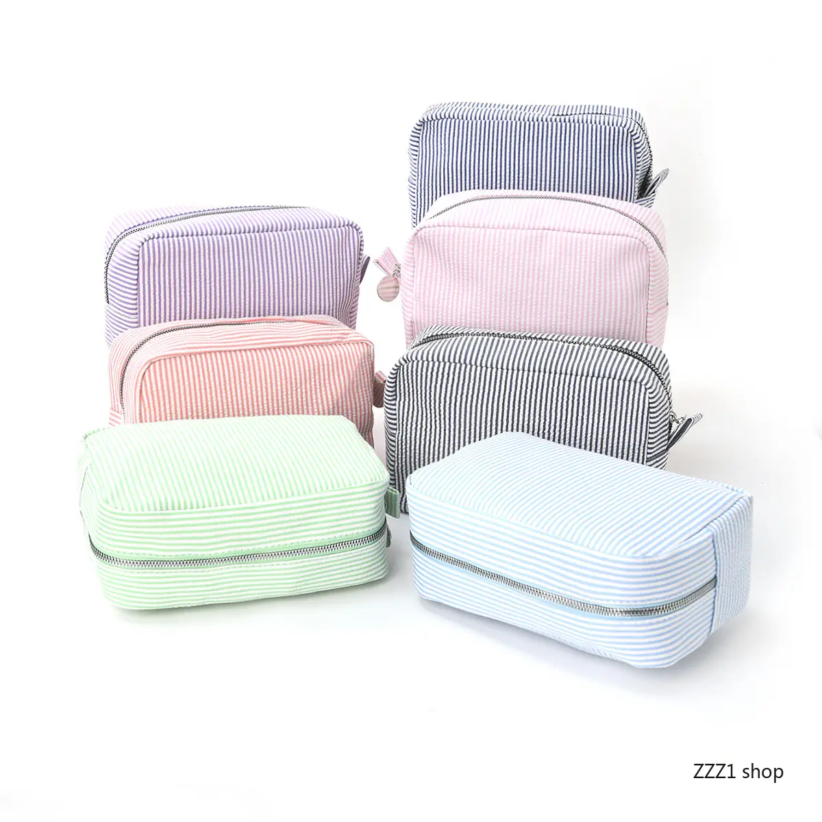 Women's Preppy Seersucker Cosmetic Storage Bag - Striped Double-Zip Reusable Makeup Pouch Set, Lightweight Carry Adults Gym Toiletry Organizer, All Seasons Outdoor Sports Travel Gear Gift Accessory
