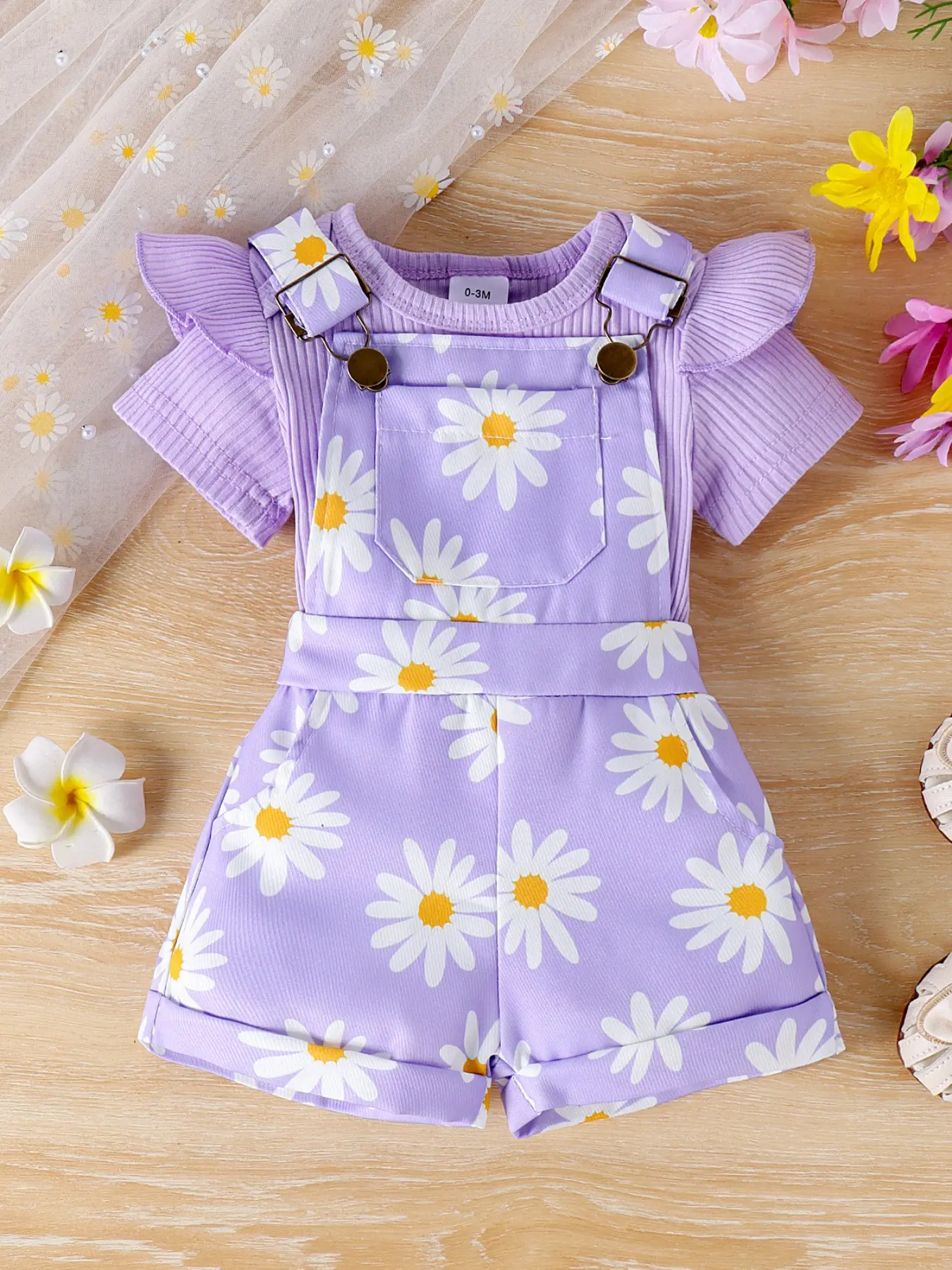 Lavender Floral Baby Girl Outfit 3-36 Months Newborn Onesies Spring Summer Short Sleeve Ruffle Ribbed Onesie Bodysuit Daisy Pattern Adjustable Metal Buckle Overalls Shorts Cute Newborn Photo Prop Casual Baby Clothing Clothes Set